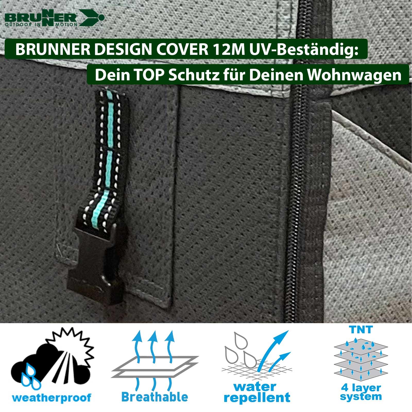 BRUNNER Wohnwagen-Abdeckplane Caravan Cover Design 12M 4,5m-5m x2,4m x2,2m | Schutzhülle 4-lagiges hochwertiges TNT-Gewebe, Atmungsaktive Abdeckung, UV-Beständig für Winter UND Sommer, Wasserabweisend