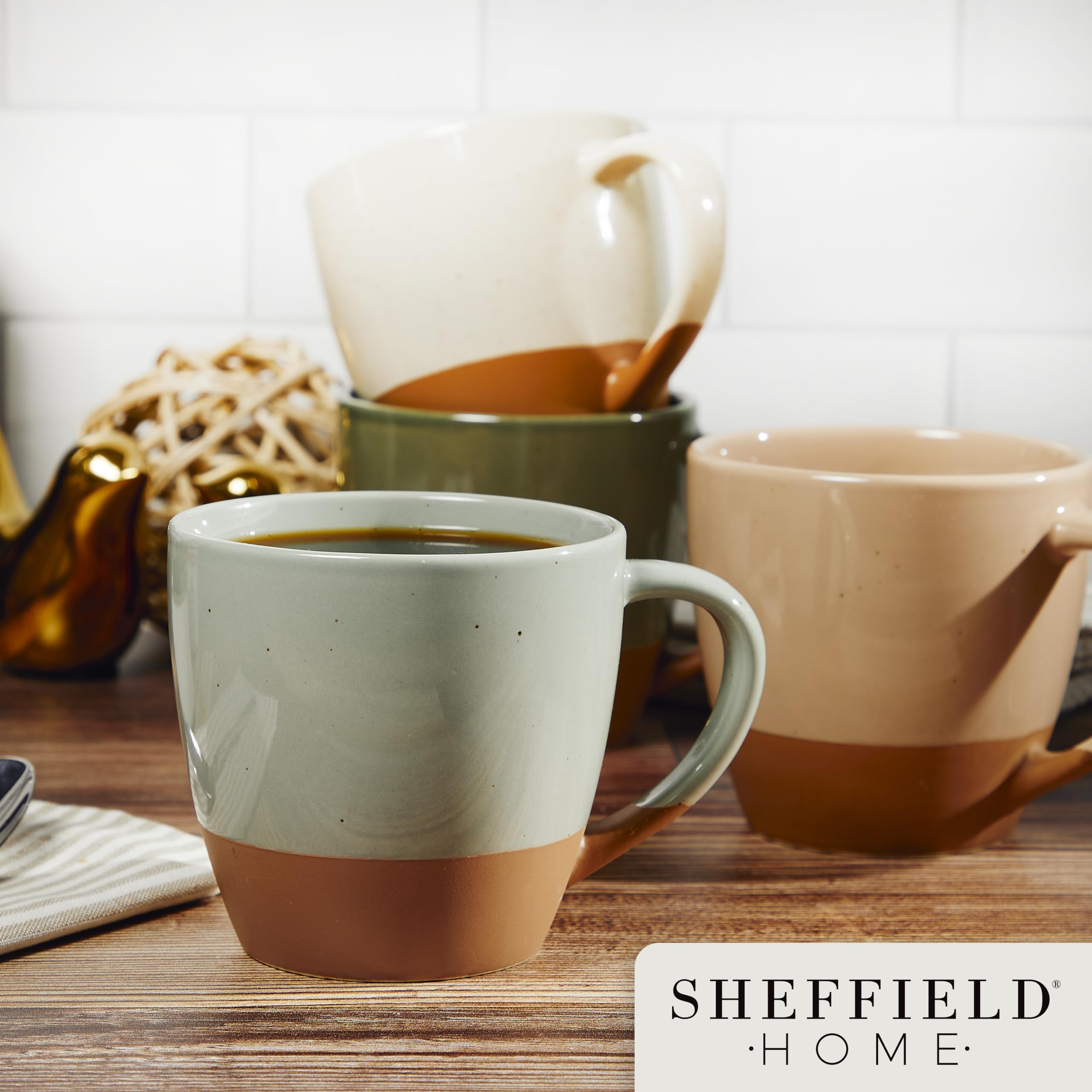 Sheffield Home - Juego de 4 tazas de café grandes de cerámica de 16 onzas con asas, aptas para lavavajillas y microondas, ideal para capuchino, espresso, latte, o té, varios colores neutros