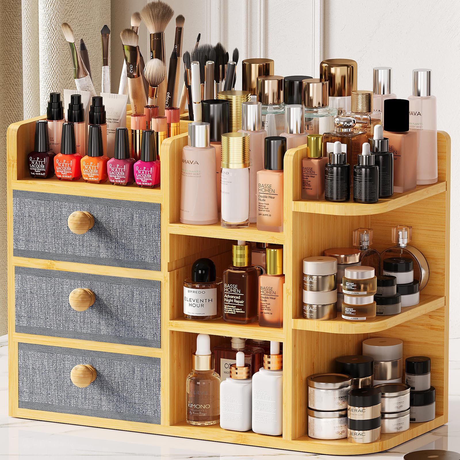 Large Bamboo Makeup Organizer For Vanity, Large Capacity 3 Tiers Bamboo Bathroom Counter Organizers and Storage, Countertop Make Up Skin Care Holder with 3 Brush Holders 3 Drawers 7 Compartments