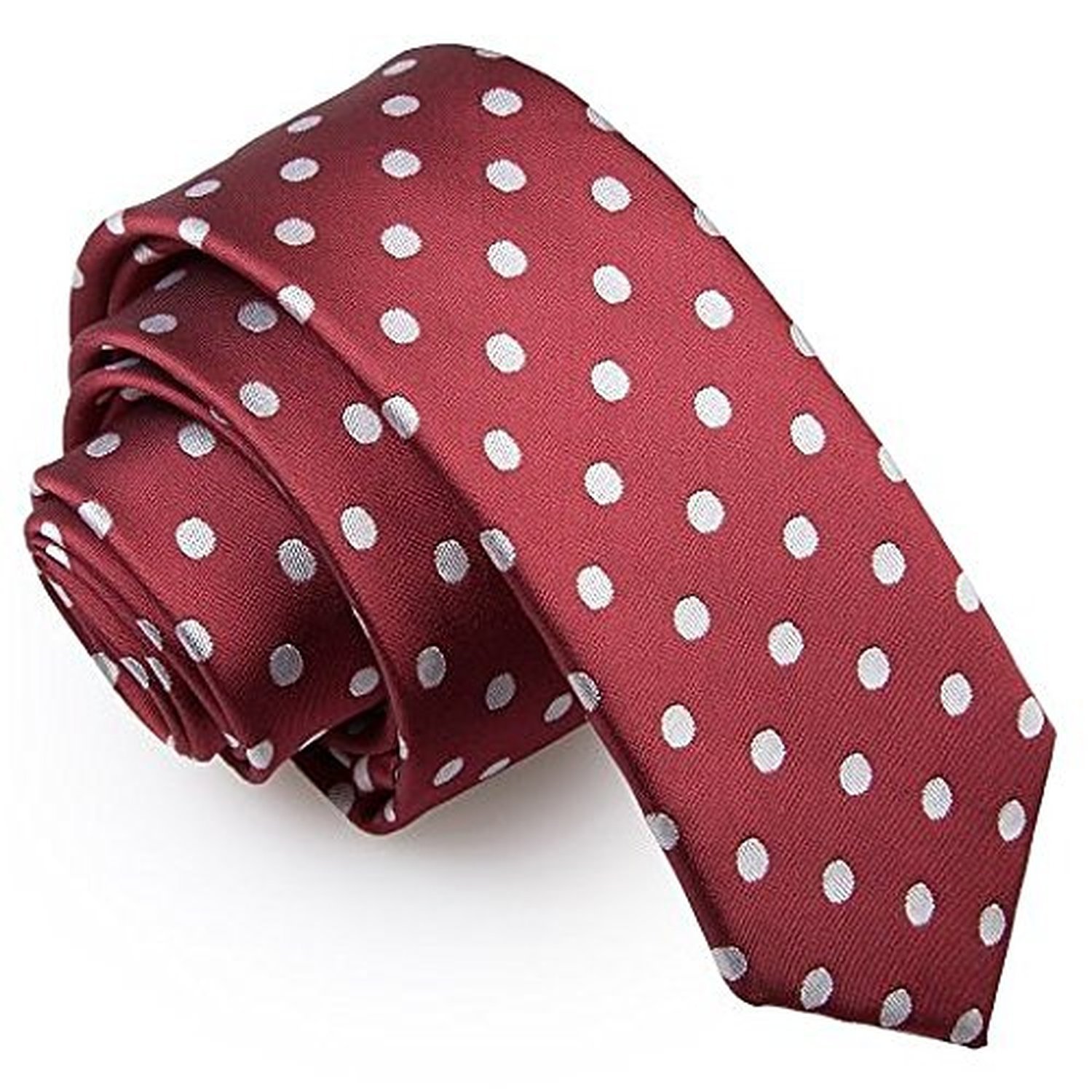 DQT Mens Polka Dot Skinny Tie – 5cm Slim Necktie for Wedding, Business & Formal Wear - Burgundy