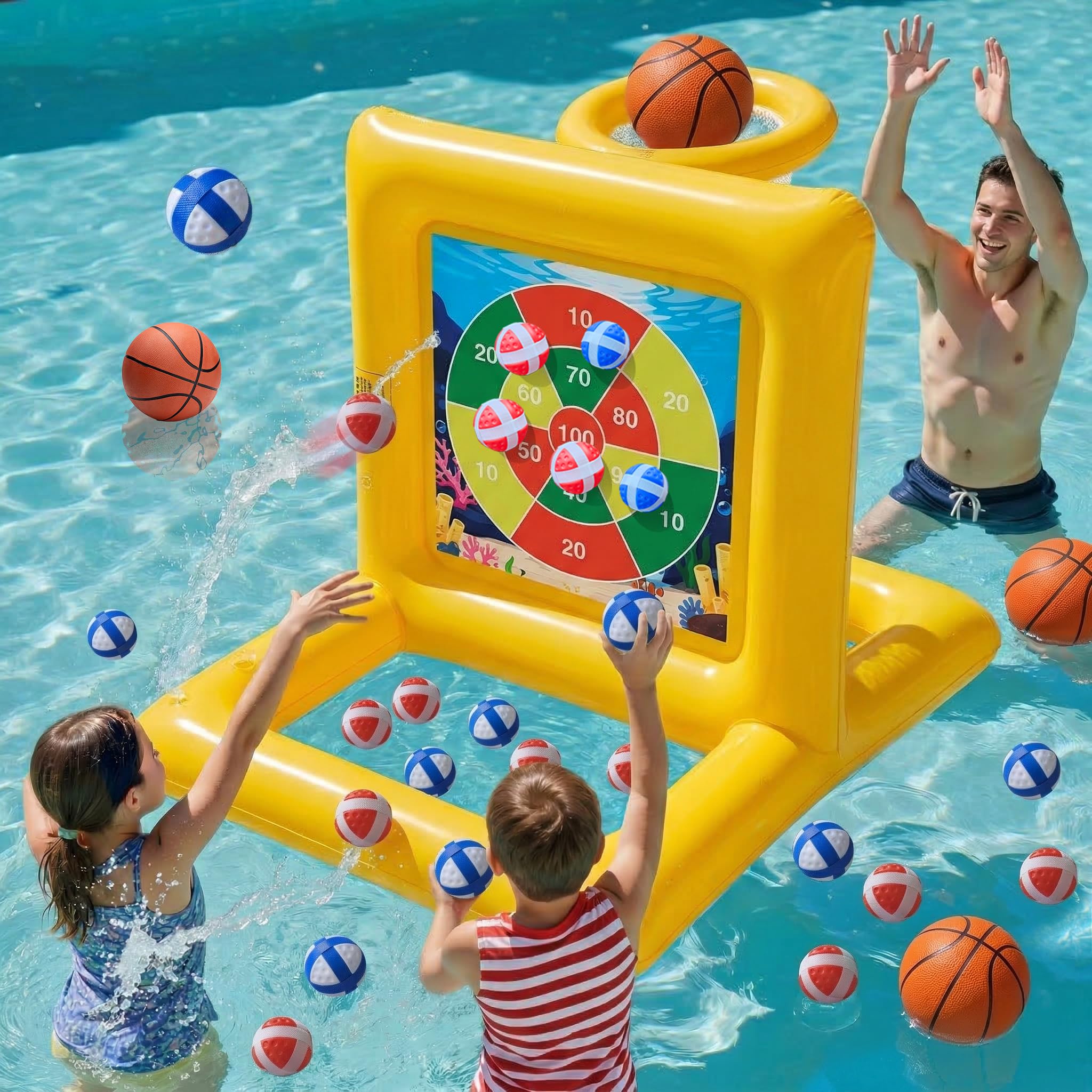 Photo 1 of Gerosi Pool Toys for Kids & Adults, 2-in-1 Pool Basketball and Dart Board Game Set, Family Summer Water Games for Kids Ages 6+ and Adults, Backyard Pool Party Games, Yellow