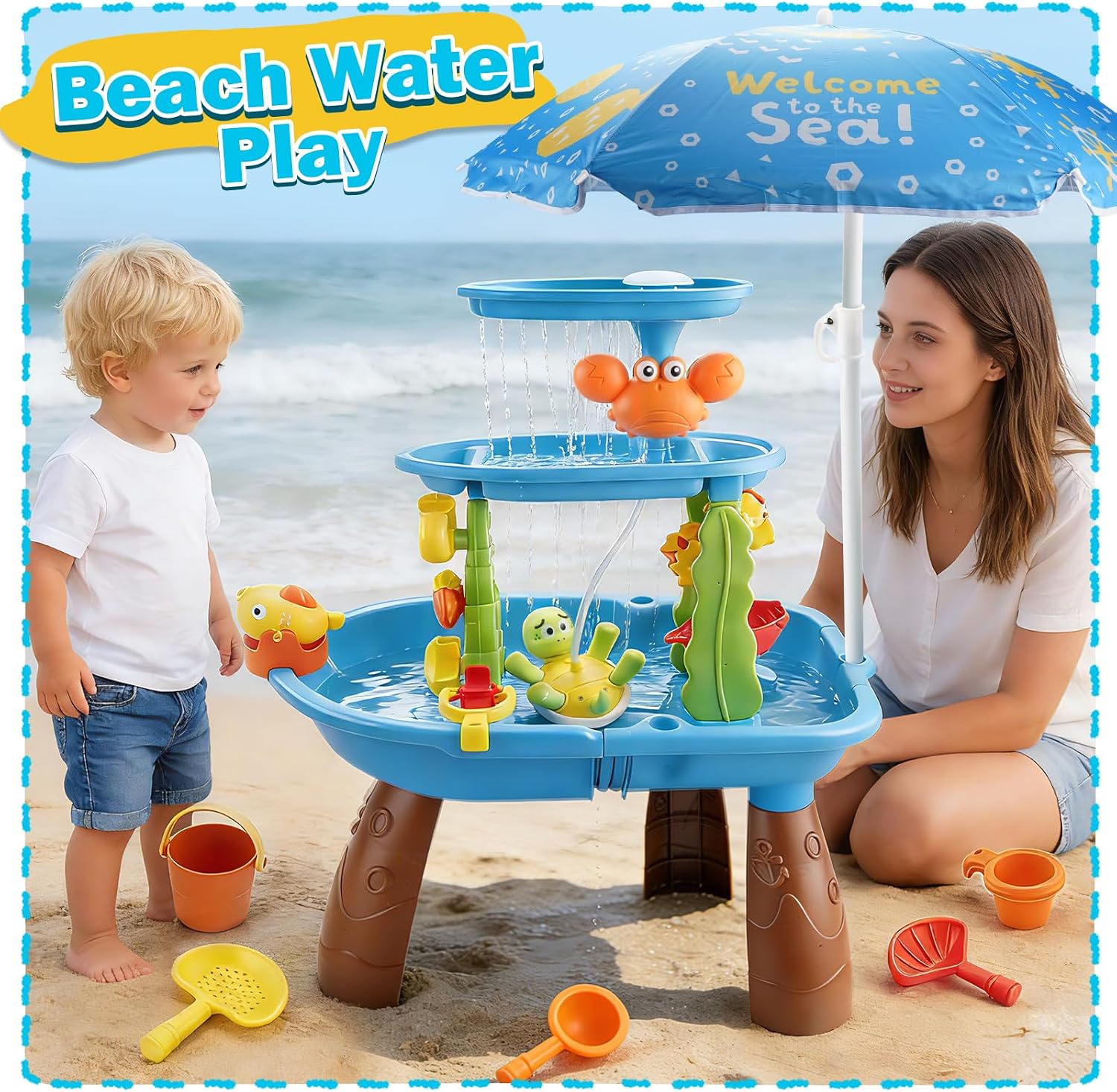 Water Table for Toddlers 1-3 Outdoor Toys for Kids Ages 4-8, 3-Tier Kids Sand Water Tables with Fishing Game Set, Beach Water Table Sensory Activity Toy for Toddlers Ages 3-5 Girls Boys Outside Play