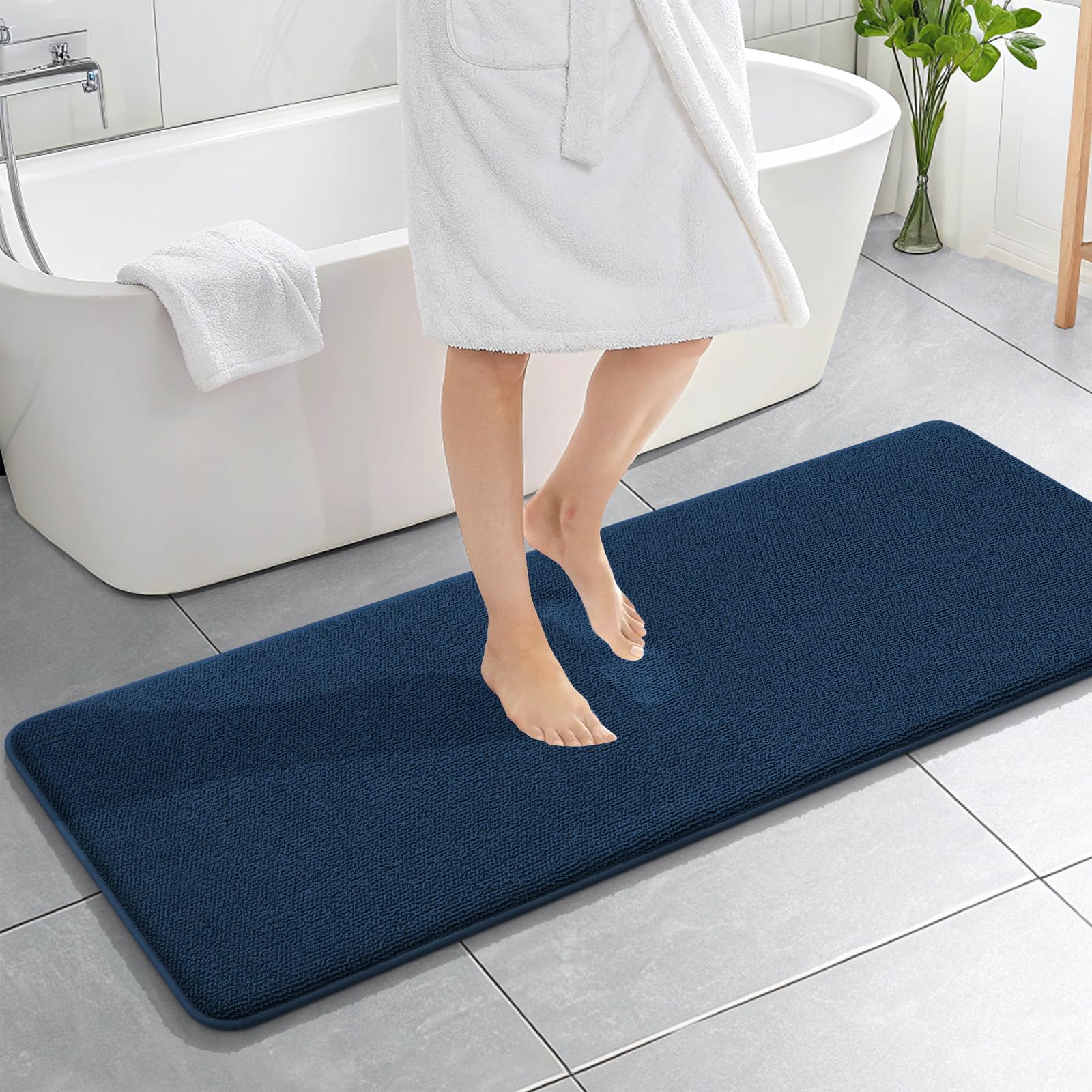 OLANLY Memory Foam Bathroom Runner Rug 59x20, Absorbent Long Bath Mat, Navy