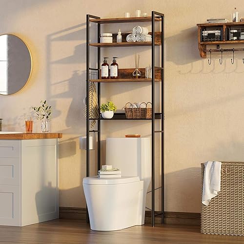 Miniatura 8 de Rolanstar Over The Toilet Storage 4-Tier, Freestanding Bathroom Organizer, Sturdy Behind Toilet Rack with Hooks, Space-Saving Design, Fits Most