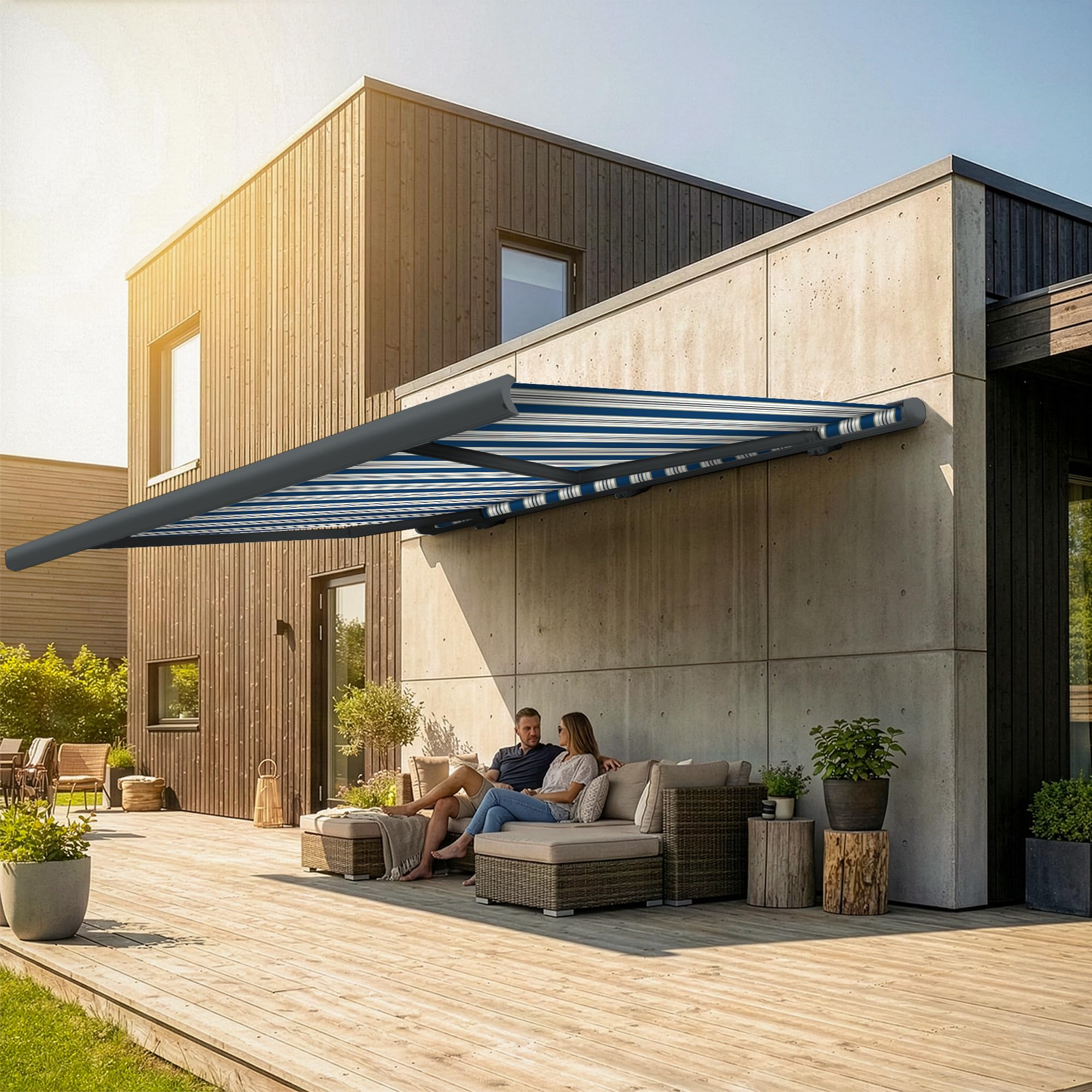 Eclipse Vollkassettenmarkise elektrisch 3x2,5m basaltgraues Gehäuse Markise Balkon Terrassenüberdachung Gelenkarm Polyacryltuch UV-Schutz 50+ Smarthome-fähiger Dooya Motor, Markisentuch: Meeresfarbe