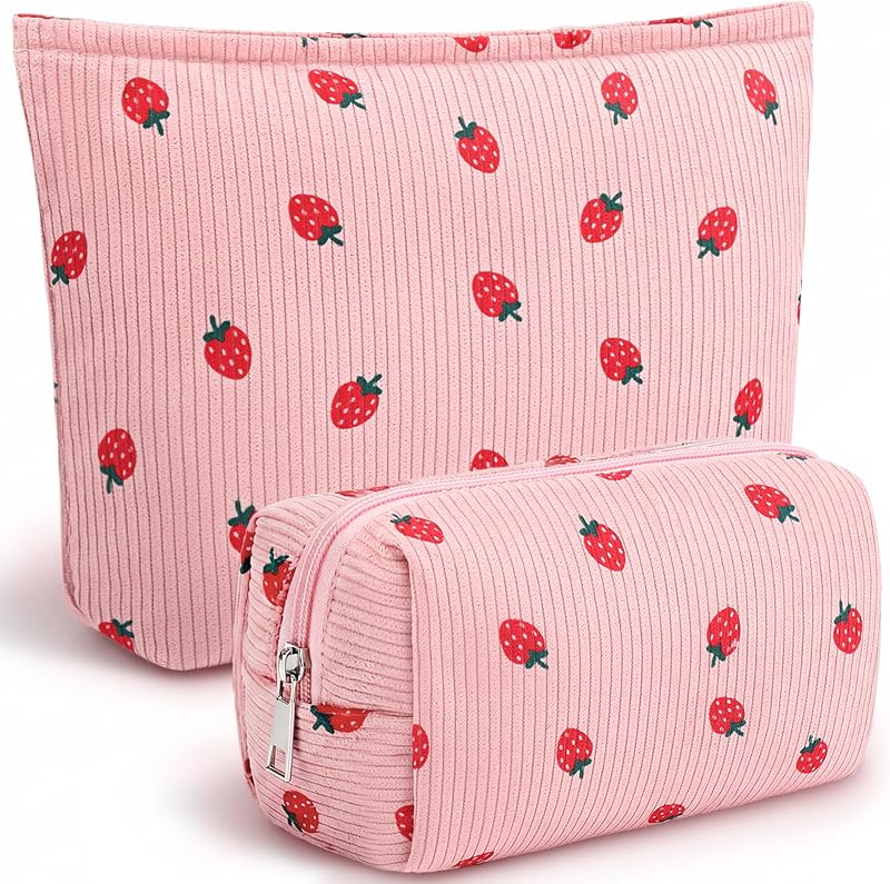 Aliceset 2 Bolsas de Maquiagem com Estampa de Morango, Bege