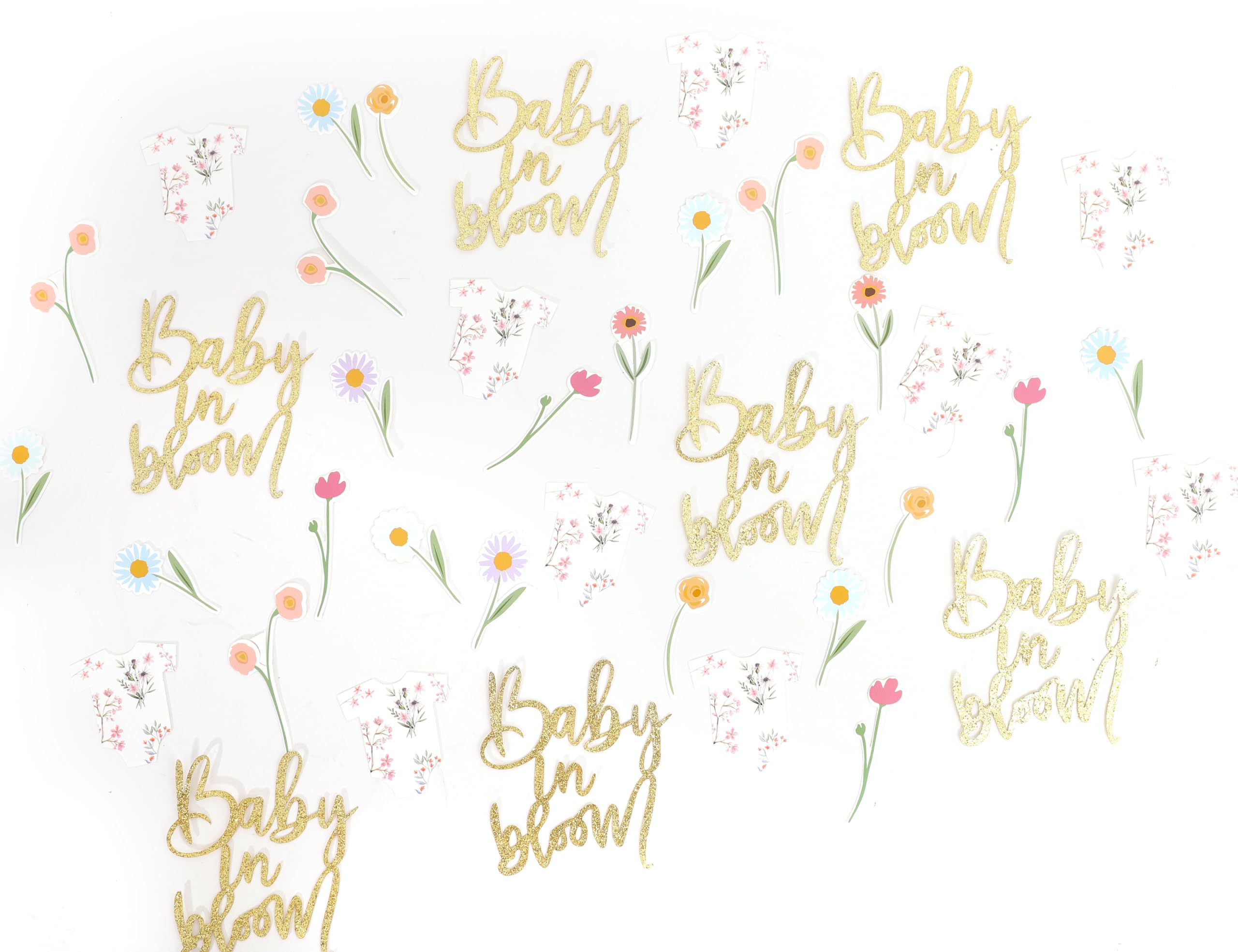 Baby Shower Script Table Confetti - Baby In Bloom Shower Decor, Floral Bodysuit Scatter, Flower Baby Gender Reveal Party Decorations, Glitter Photo Props (Baby Girl Pink)