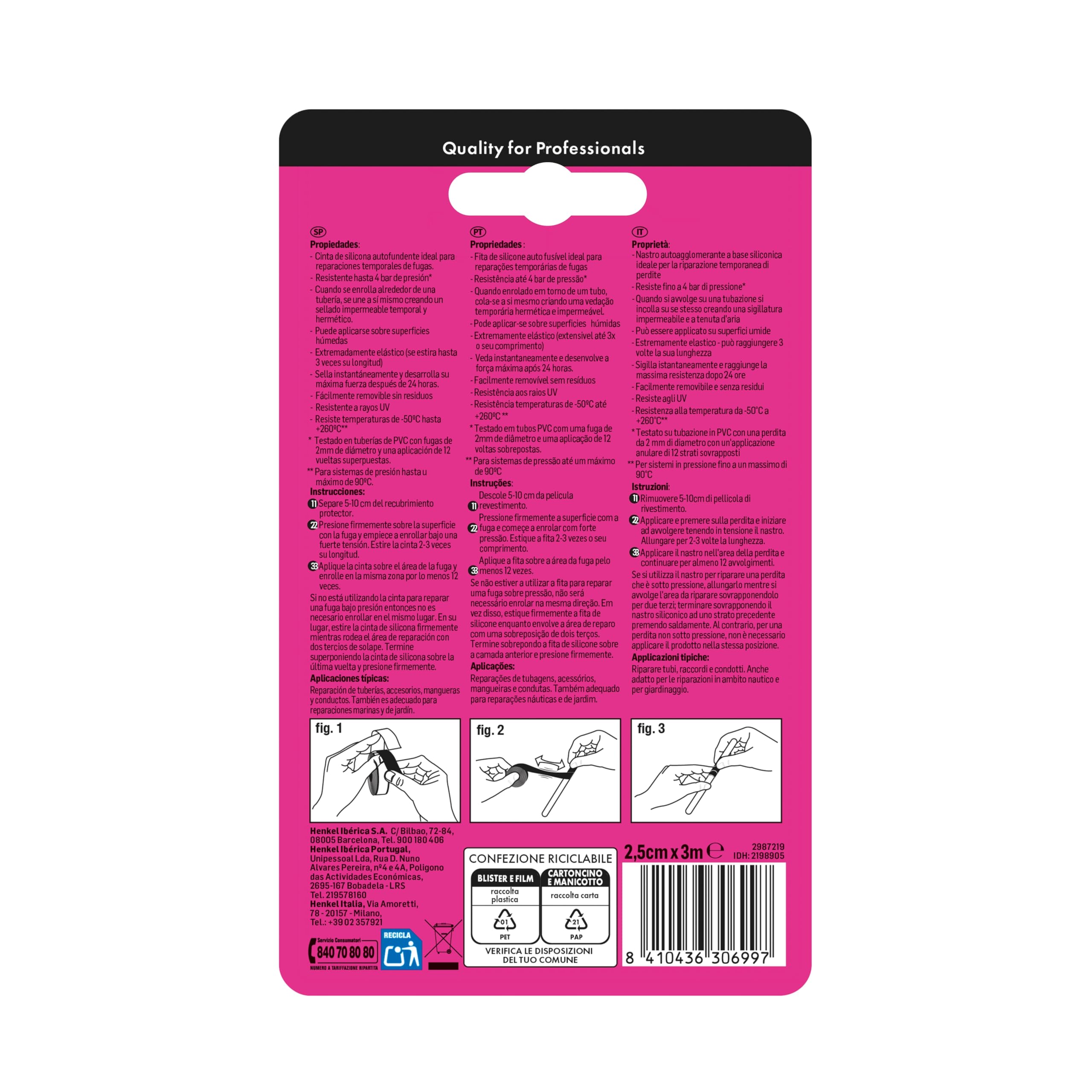 Tangit Fix It Nastro autoagglomerante per isolare perdite, Nastro isolante per riparazioni rapide, utilizzabile anche su superfici umide, 1 blister da 3 m