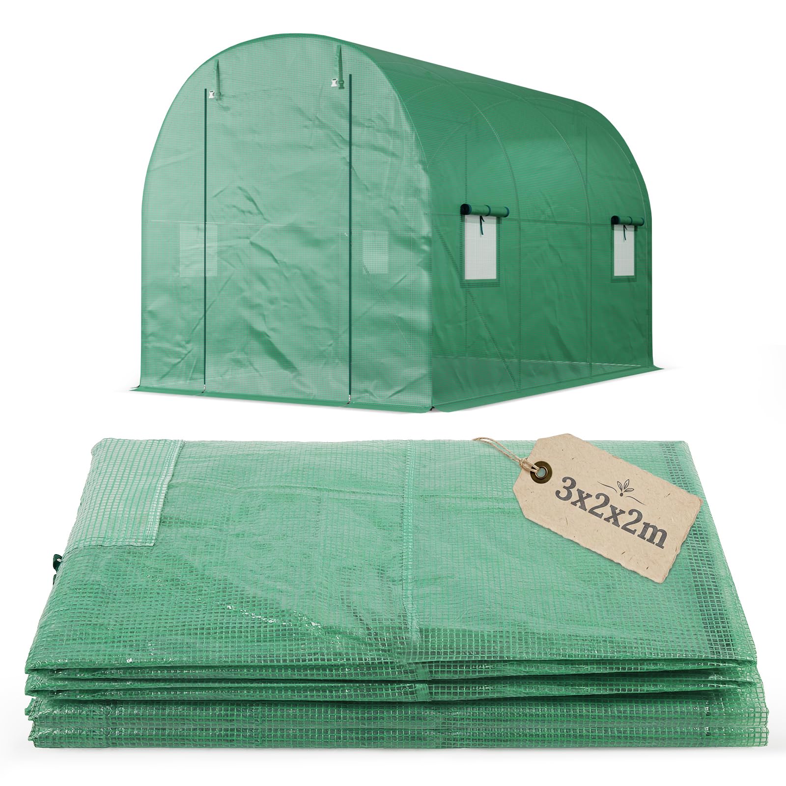Sekey Ersatzfolie 3x2x2m für Folientunnel – 140g/m² PE Gitterfolie mit 4 Fenstern & 2 Türen – UV-beständig & Reißfest – Ersatzabdeckung für Treibhaus & Tomatenhaus (Grün, Ohne Gestell)