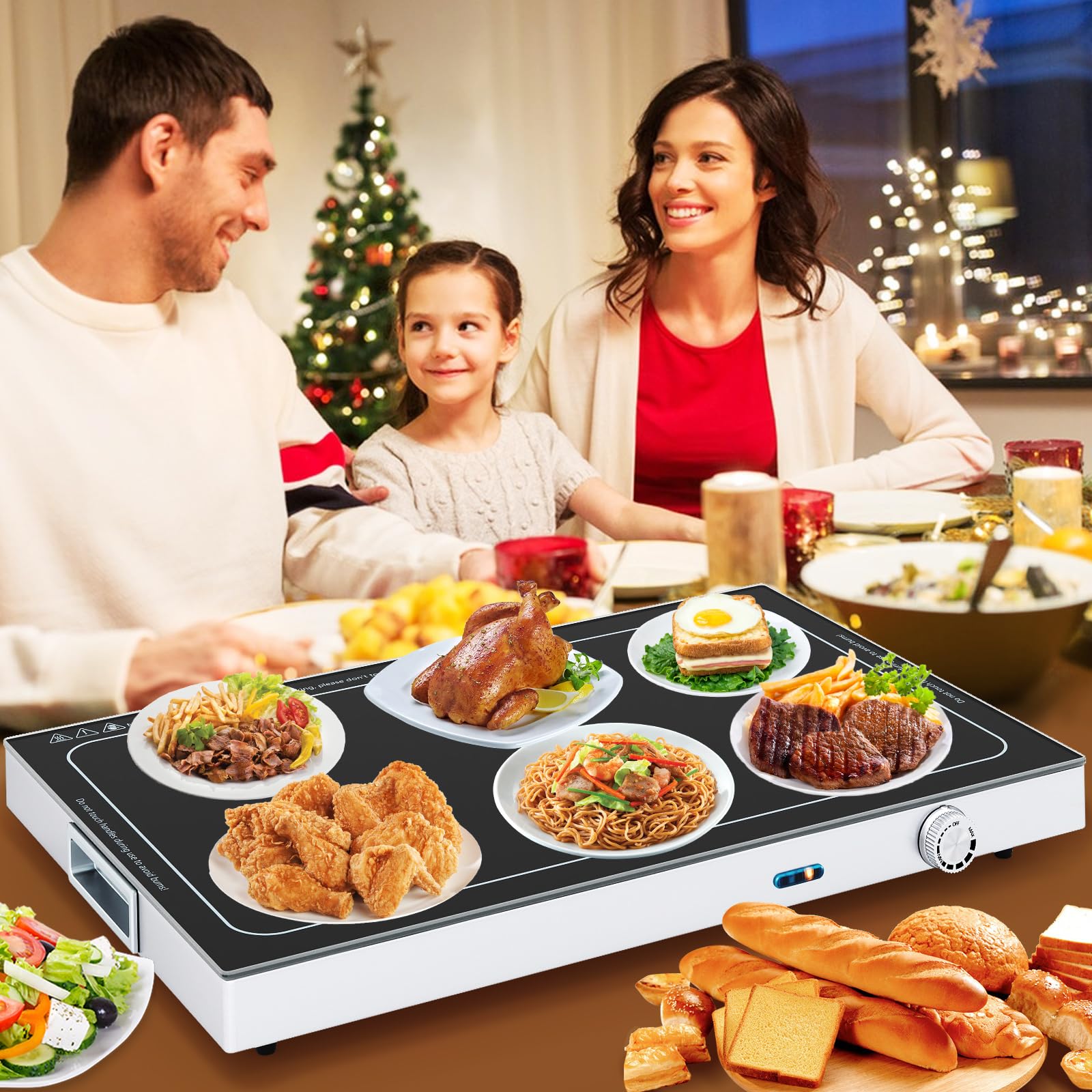 RELAX4LIFE Vassoio Riscaldante Elettrico, Piastra Scalda Cibi con Temperatura Regolabile, Superficie in Vetro Temperato e Maniglie Incorporate Salvaspazio per Feste, Raduni, Buffet ed Eventi