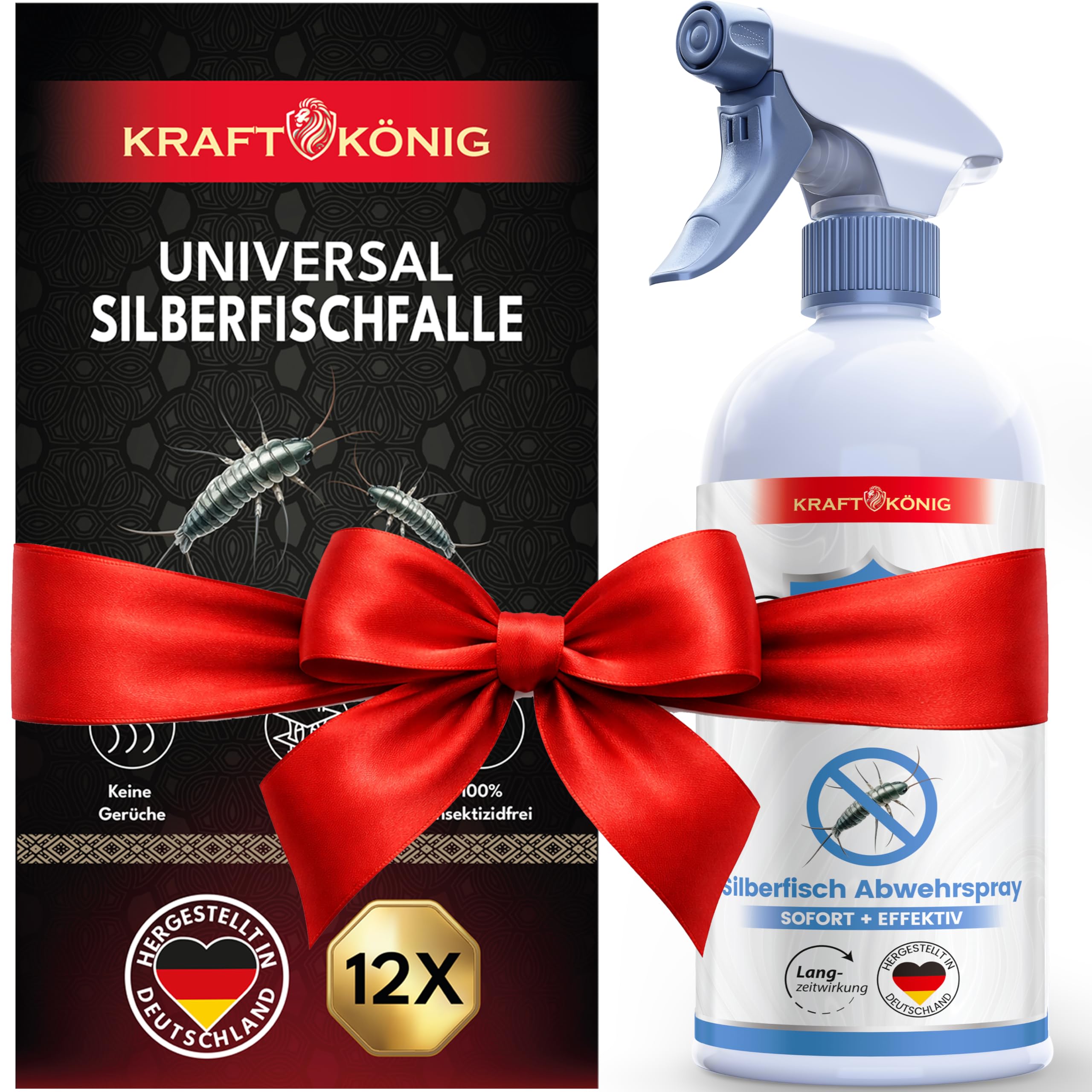 KRAFTKÖNIG Silberfisch Spray 500 ml + 12x Silberfischfalle Set – Silberfische bekämpfen & Papierfische bekämpfen – Sofortwirkung & Langzeitschutz – Stoppt Neubefall in Bad, Küche & Keller