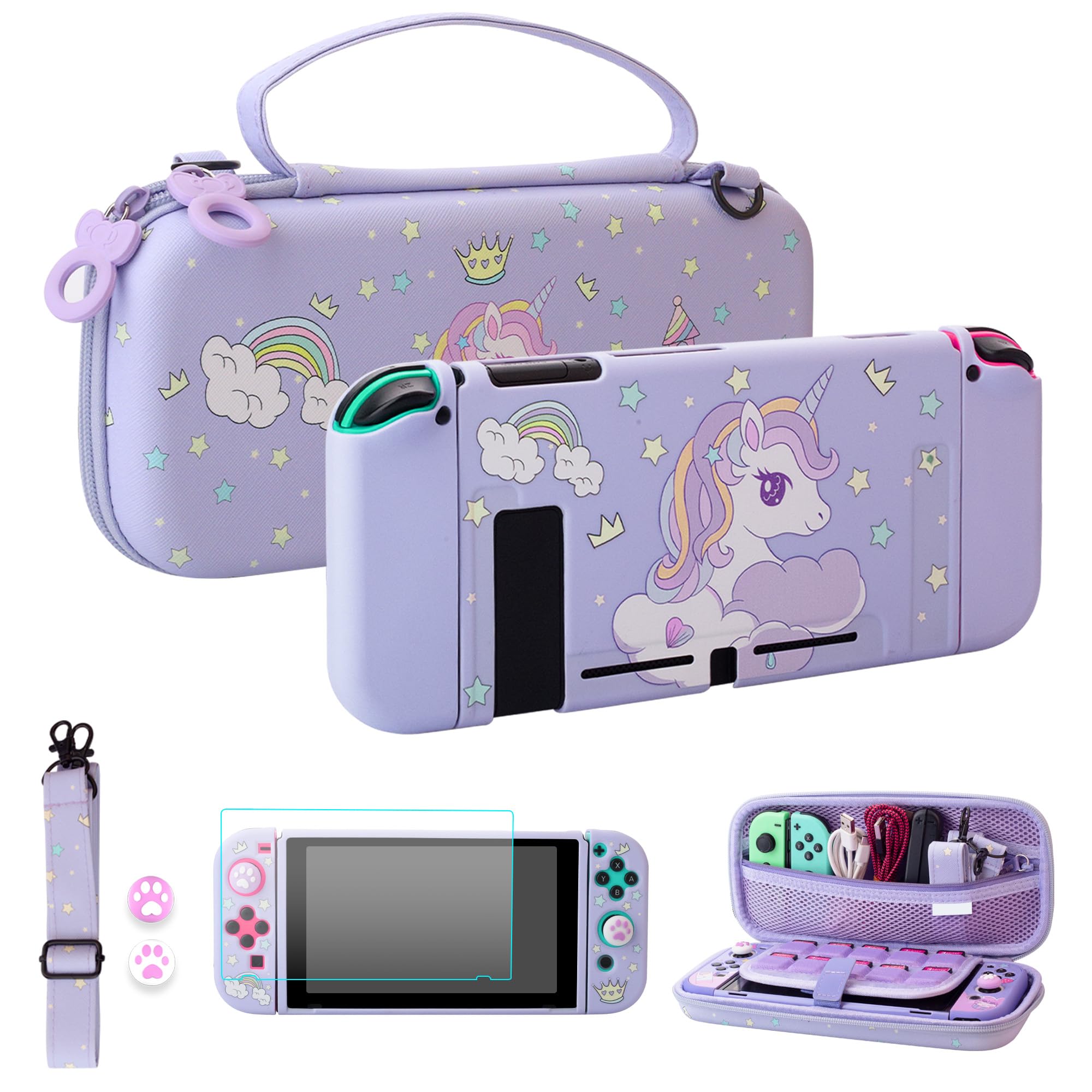 GLDRAM Purple Travel Case for Nintendo Switch Console & Aceessories, Waterproof Carrying Case with Unicorn Protective TPU Skin Cover, Screen Protector, Adjustable Shoulder Strap & 2 Cute Thumb Caps