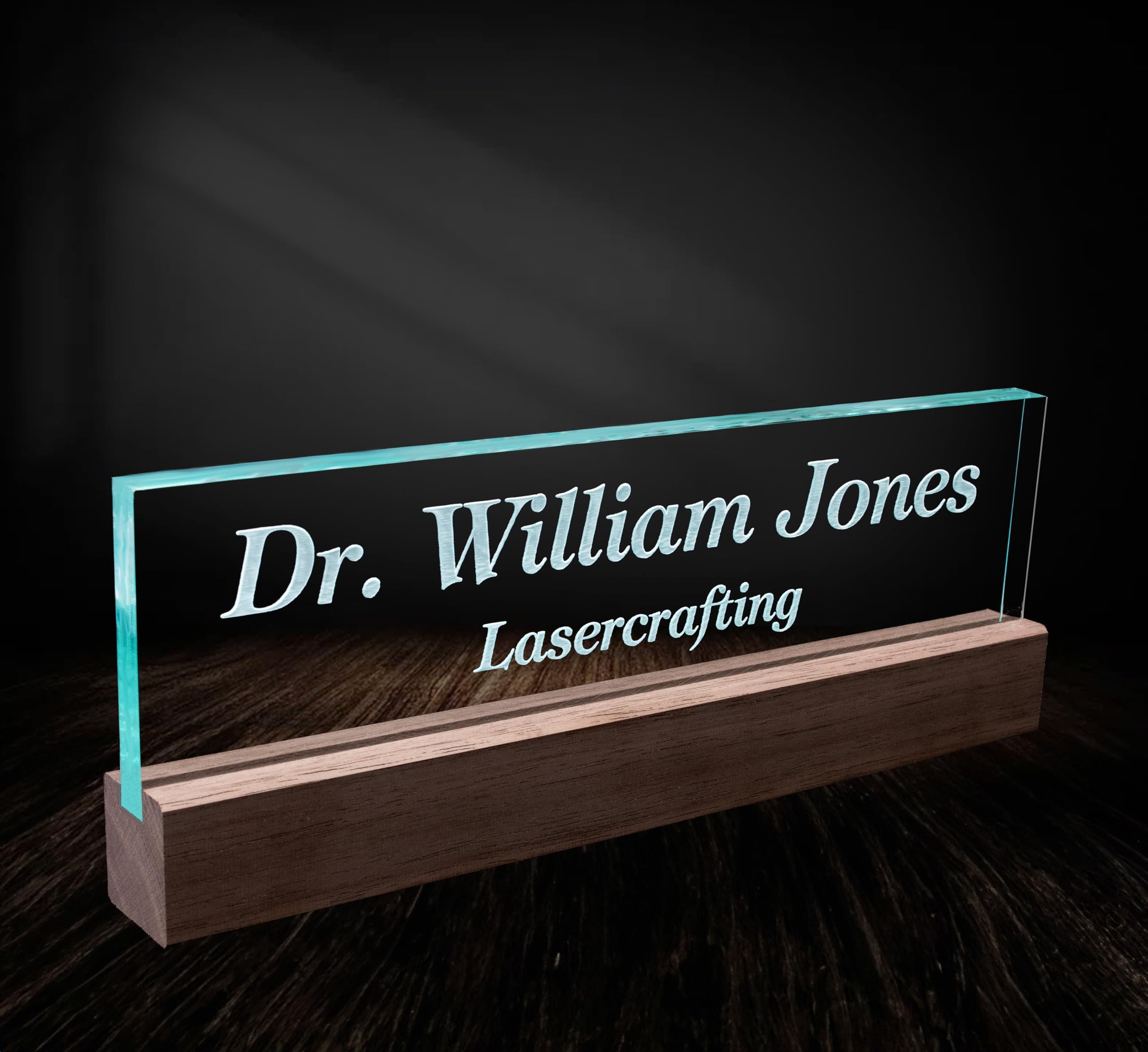 Lasercrafting Office Desk Name Plate Personalized Crystal Clear Glass-Like Acrylic with Wood Base Customized with Laser Engraved Frosted White Text