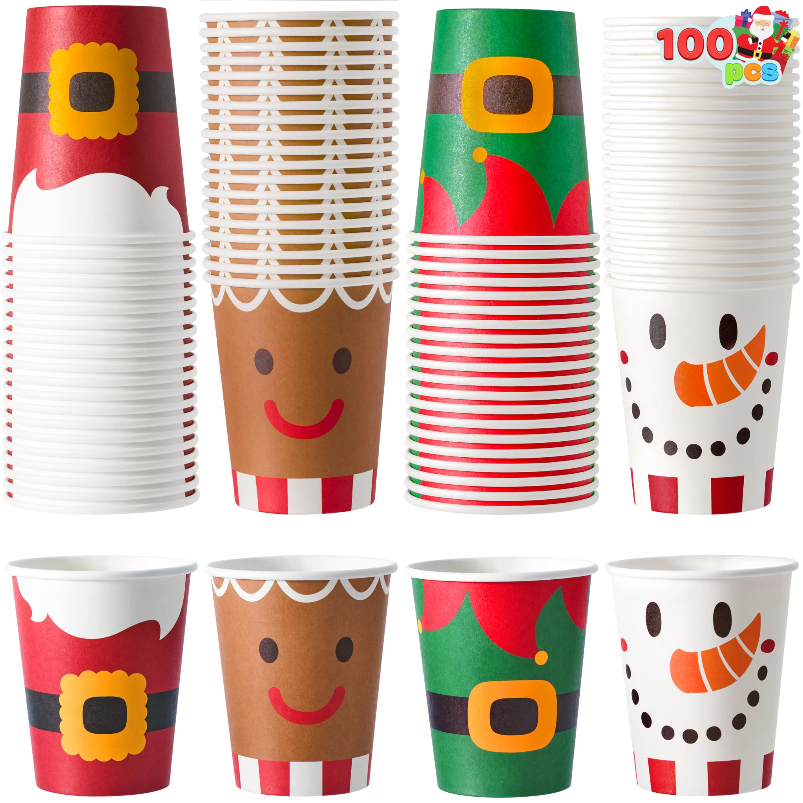 JOYIN 100PCS 9oz Christmas Disposable Paper Cups, Xmas Drinking Party Cups Bulk with Christmas Elements and Holiday atmosphere for Chocolate Coffee