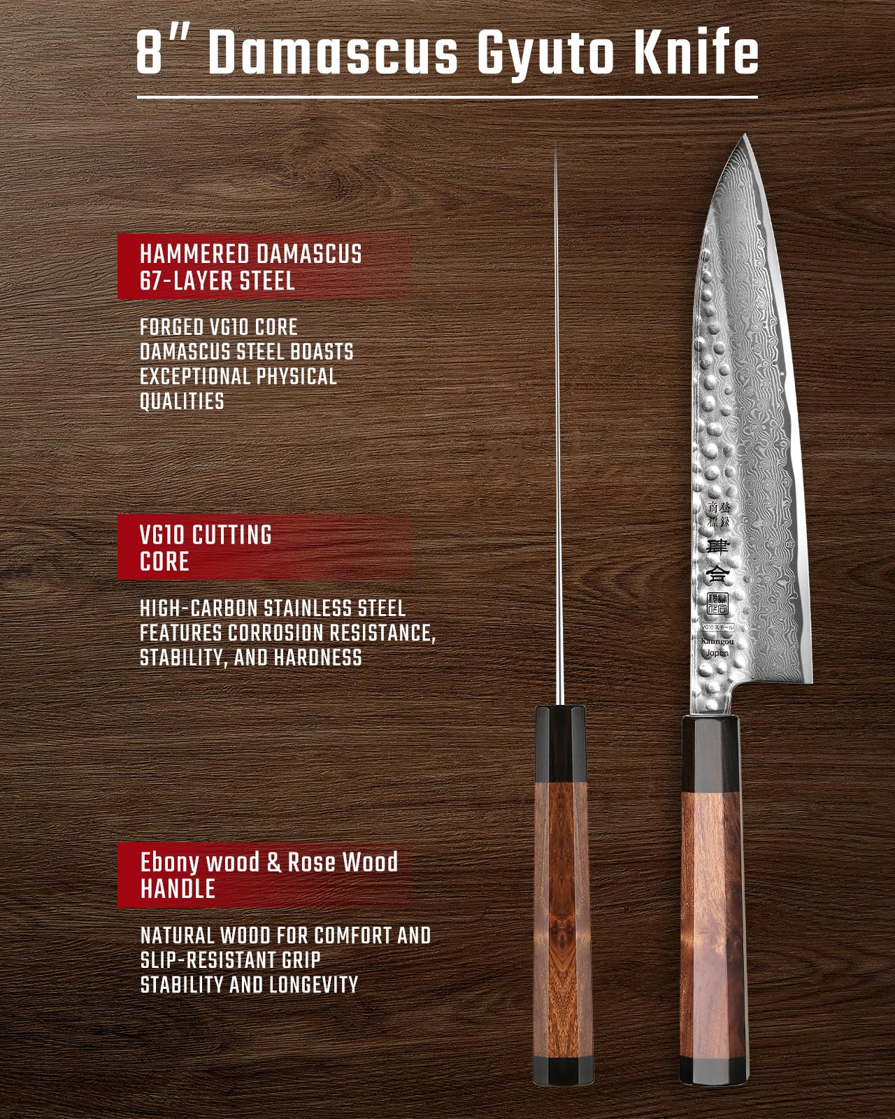 kanngou VG10 Damascus Chef Knife, 8.27 Inch Gyuto Knife — Amazon image 4