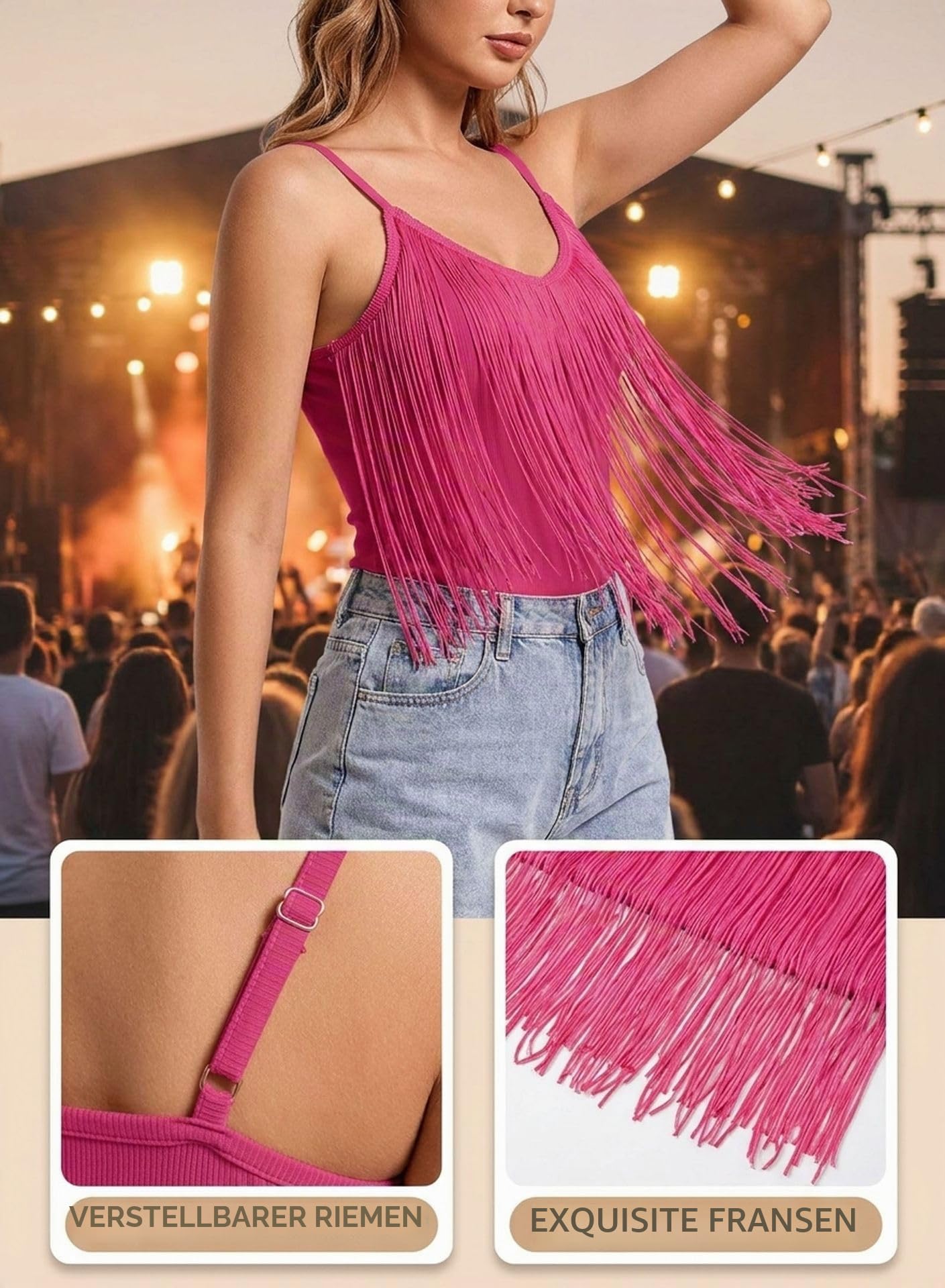 Damen Tank Top Mit Fransen – Sexy Rave Cowgirl Outfit Festival Oberteile | Ärmellose, V Ausschnitt, Verstellbare Spaghetti, Elegant Boho Country Kleidung, Sommer Klamotten Shirt, Western Hemd Damen