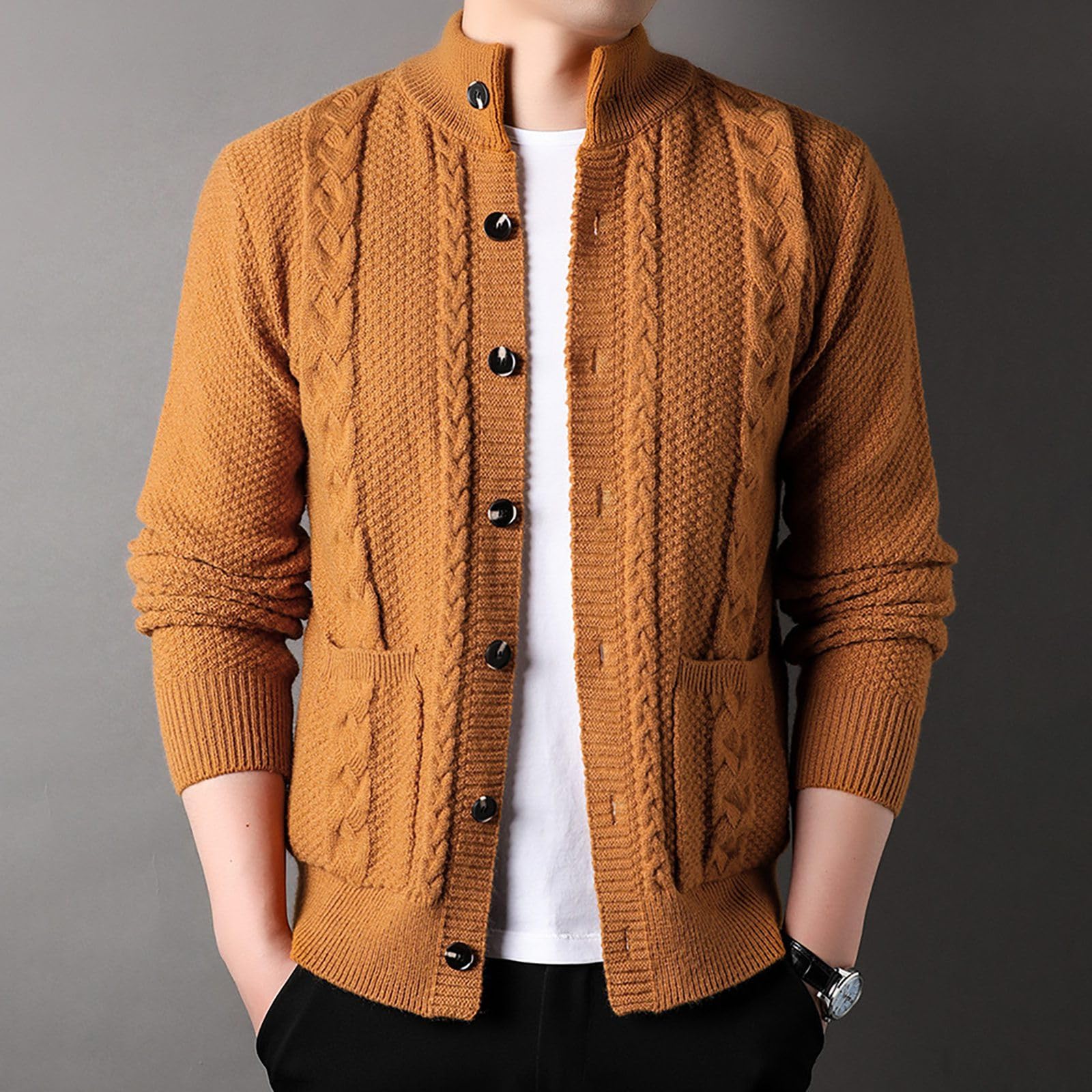 Cardigan Hombre Lana, Chaqueta De Punto Elegante Hombre con Cuello En V Chaqueta De Invierno Ligera De Entretiempo Punto Grueso, Informal Cuello Chal Manga Larga con Botones para Otoño E Invierno