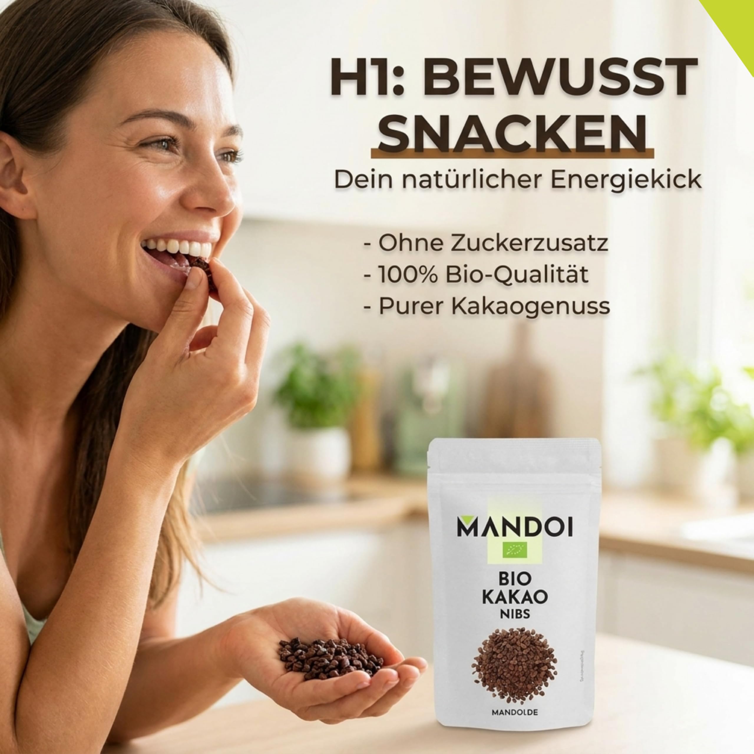 Mandoi Bio Kakaonibs 500g, aus ökologischem Anbau | besonders hochwertige Kakao Nibs, organic cocoa. Als Snack, Müsli oder zum Backen