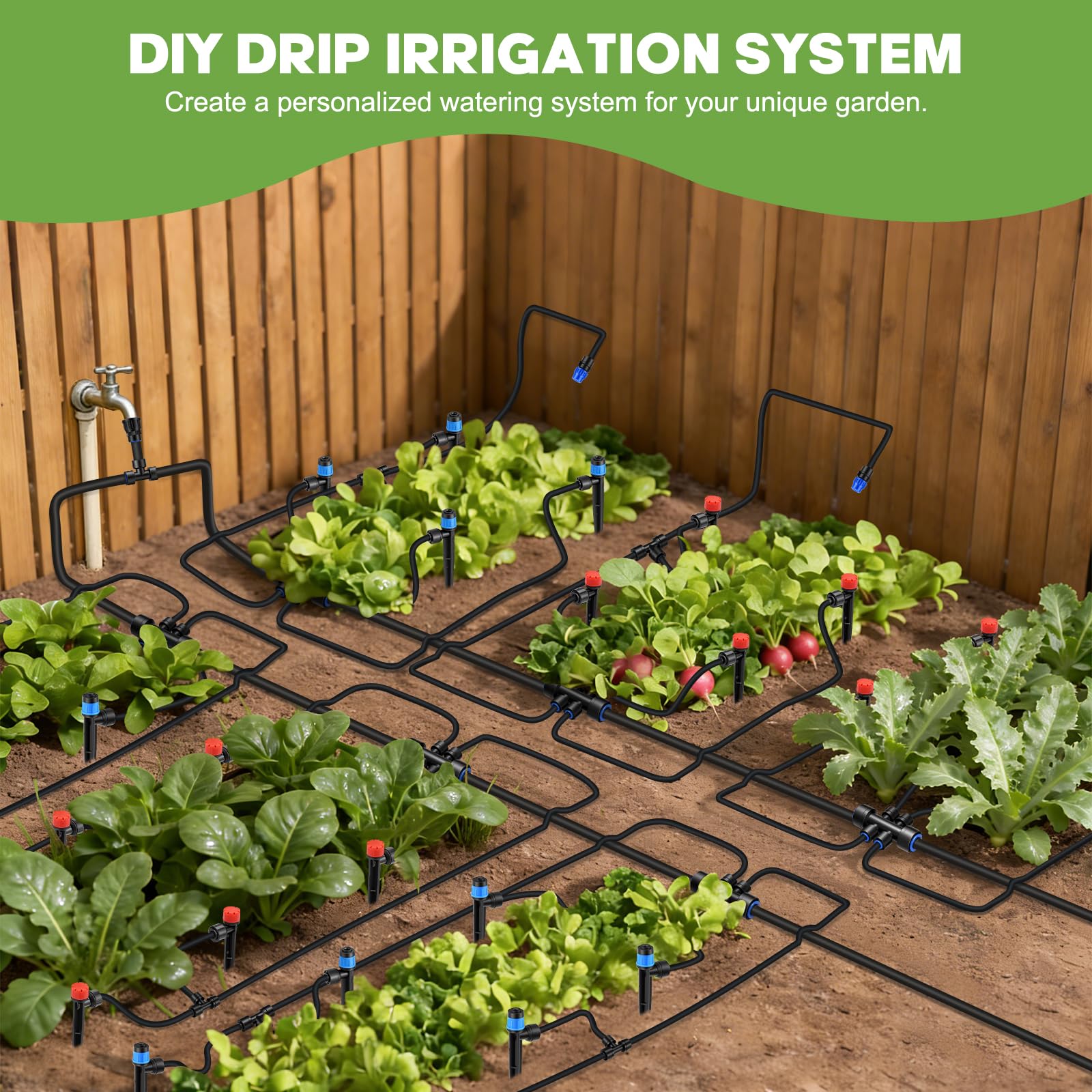 Sistema di irrigazione a goccia a innaffiamento rapido da 60 m, kit di irrigazione automatica da giardino con raccordi a bloccaggio rapido da 1/2" e 1/4", irrigatori regolabili per aiuole