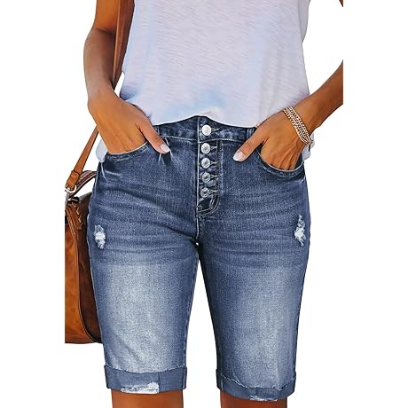 HUUSA Women's Ripped Denim Shorts with Frayed Hem & Pockets