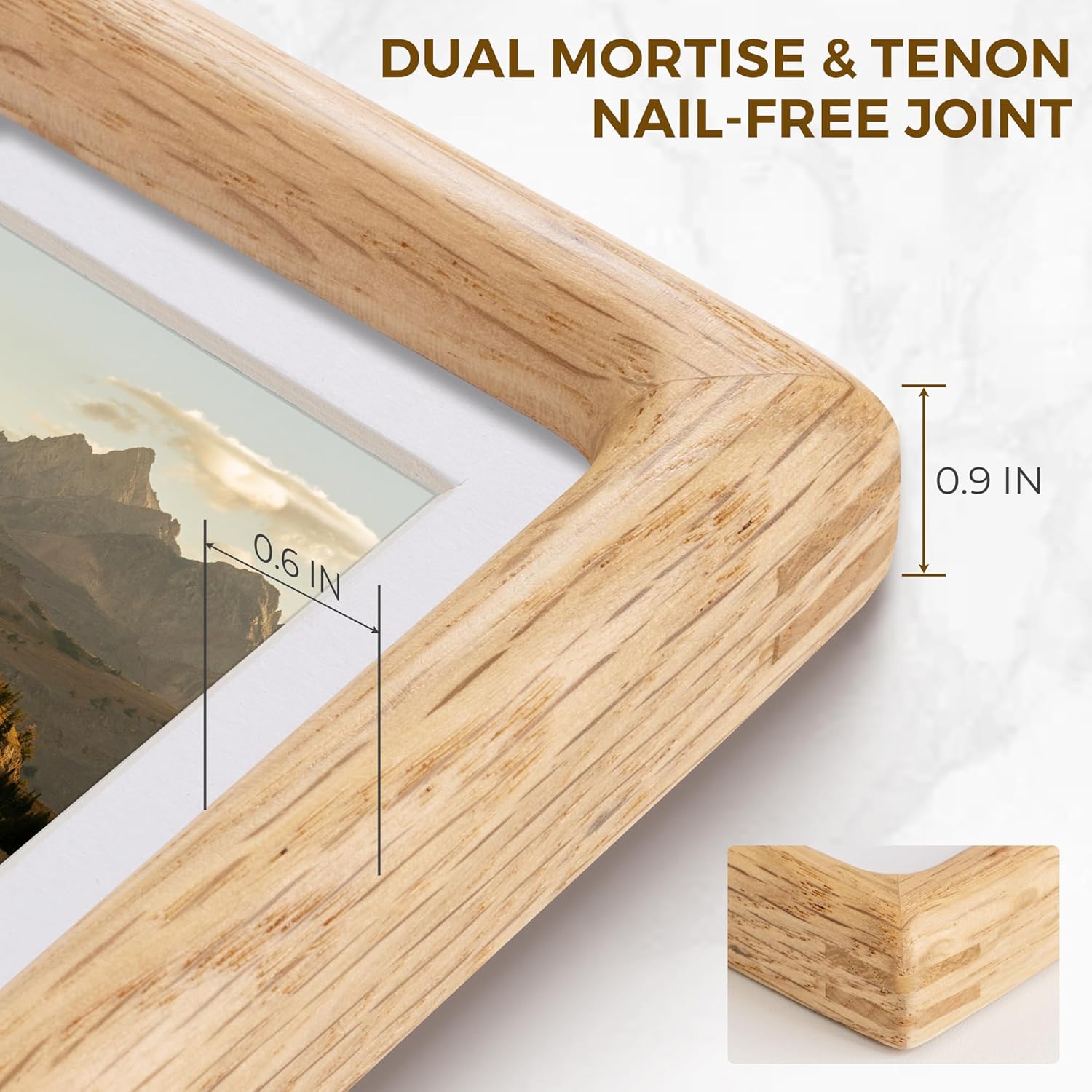 Acovy 5x7 Solid Wood Picture Frame, Natural White Oak Wood Photo Frame with Tempered Glass, Mortise and Tenon Rounded Corner 5 x 7 Wooden Frame Matted to 4x6 Photos, Wall or Tabletop Display