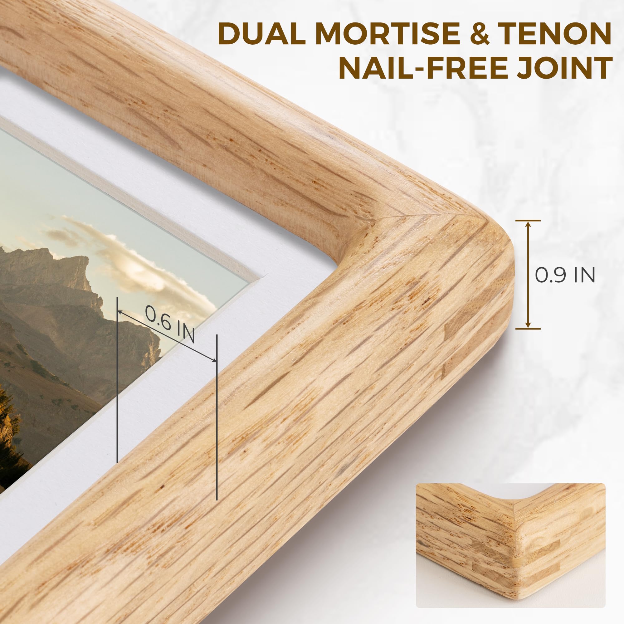Acovy Cornice per foto in legno massello, 13 x 18 cm, cornice portafoto in legno di rovere bianco naturale con vetro temperato, mortasa e tenone, angoli arrotondati, cornice in legno opaco per foto da
