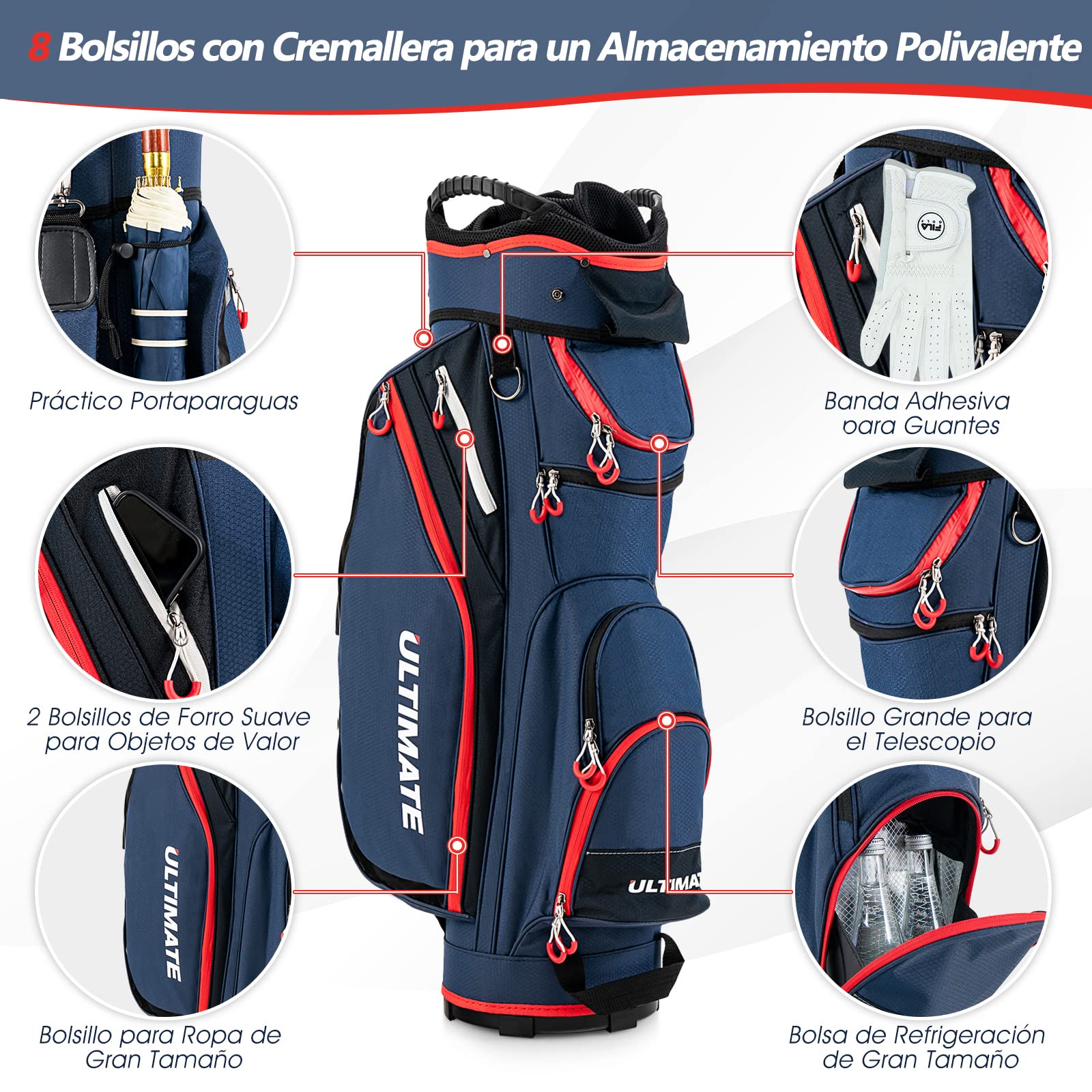 COSTWAY Bolsa de Golf para Carro, Ligera,14 Divisores, 8 Bolsillos, Capucha para la Lluvia, Correa para el Hombro, Bolsa Térmica para Bebidas, Ideal Hombres y Mujeres (Azul)