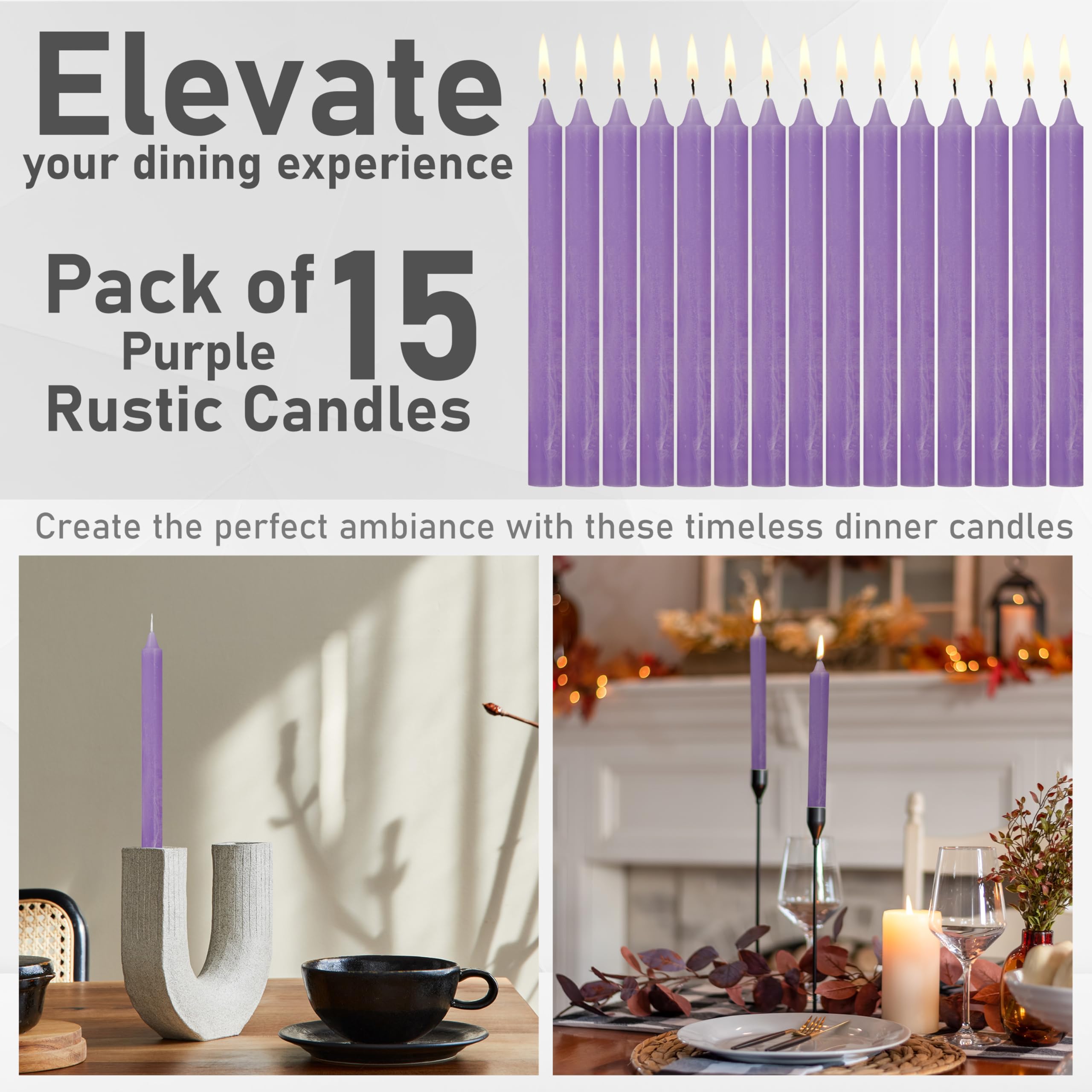 DECO EXPRESS Candele Coniche Set da 15 Candele Rustiche Fatte a Mano Candela Natalizia Durata di Combustione di 9 Ore Senza Profumo (Viola - Confezione da 15)
