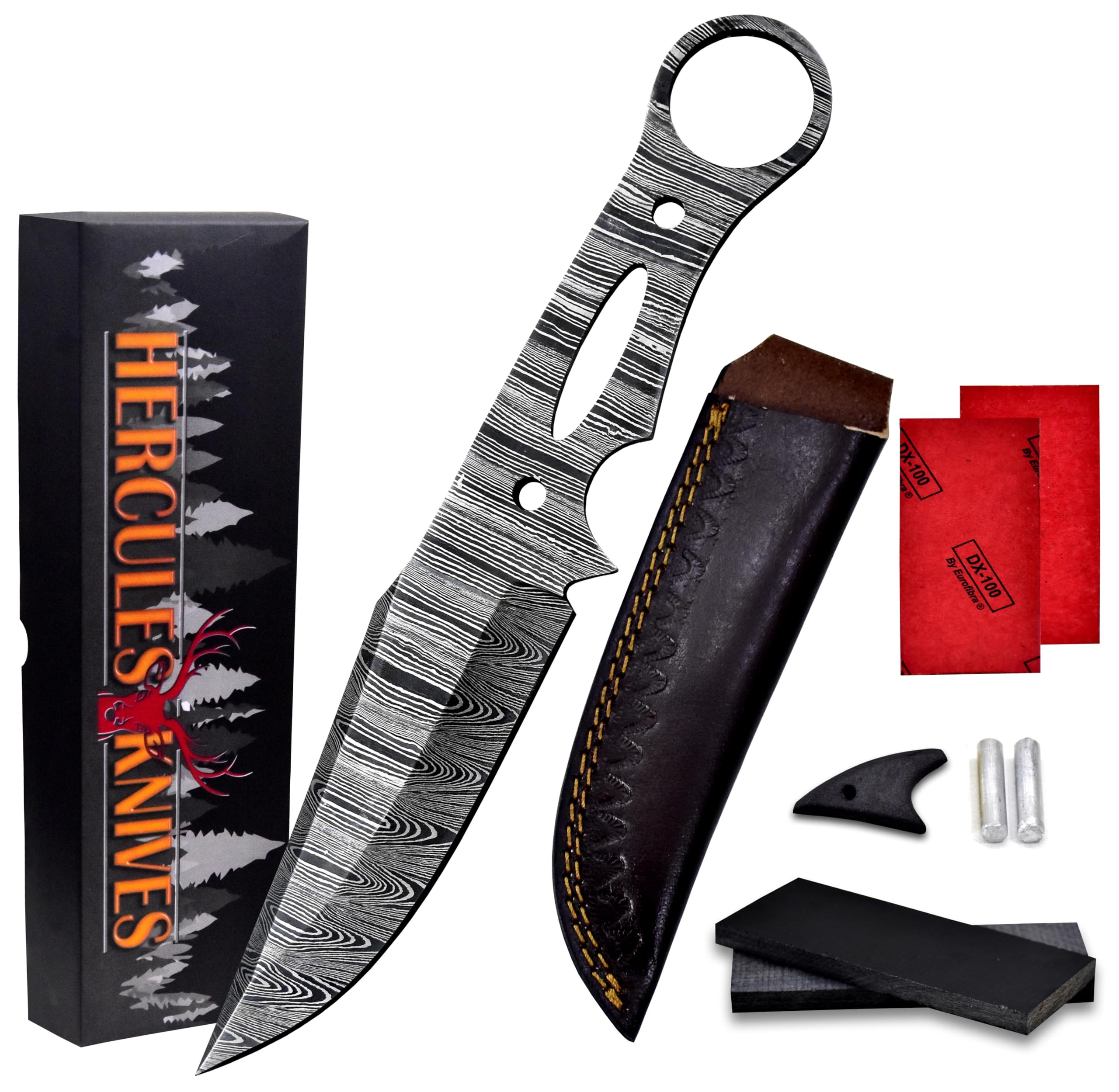 Custom Hand Forged Damascus Steel Blank Blade Knife Making Kit DIY Hunting Knife Leather sheath, Pins, Scale, Camping Blade Damascus Blade Billet (BK-F)