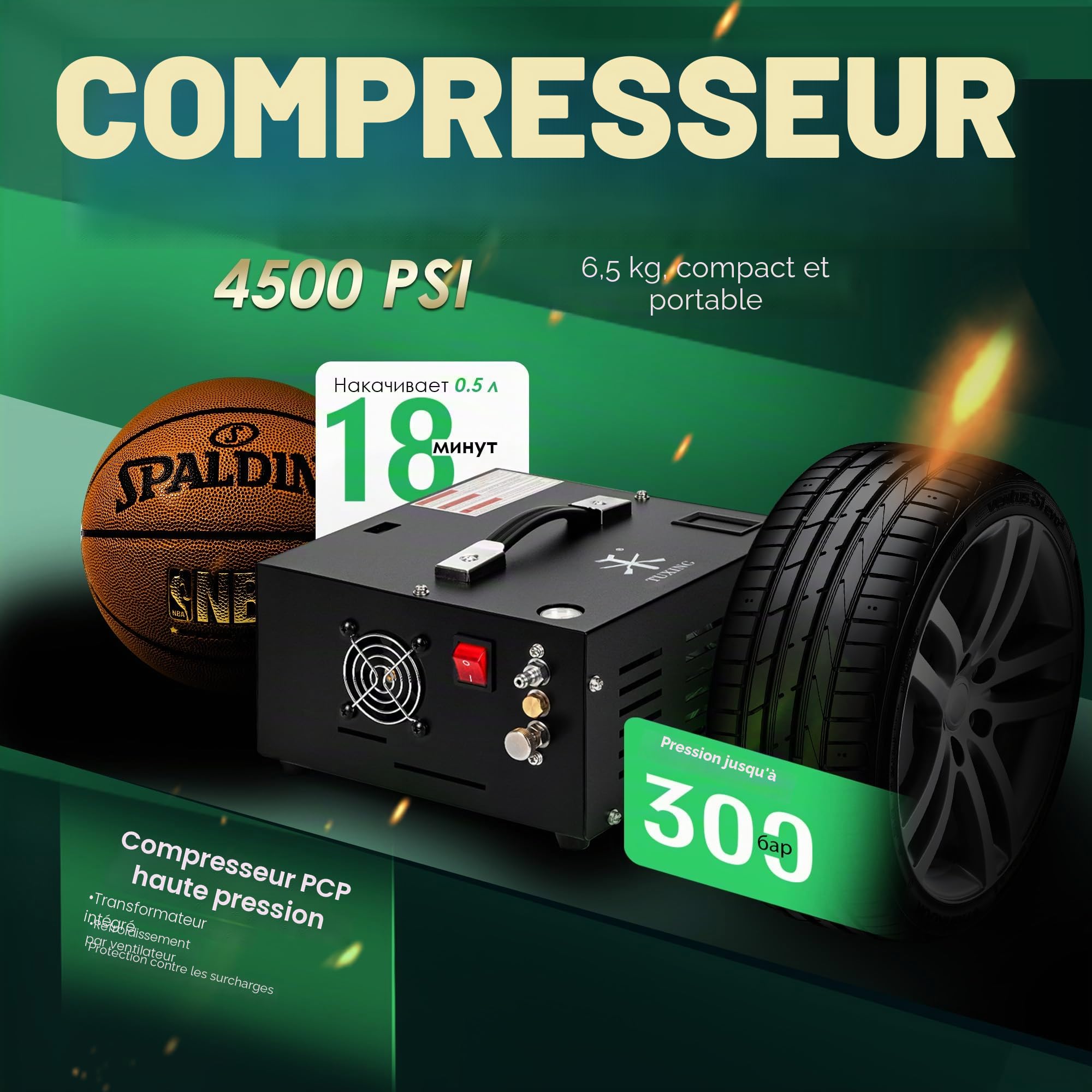 TUXING Compresseur d'air PCP 4500Psi, Compresseur d'air ajustable haute pression alimenté par voiture 12V DC ou maison 220V AC avec adaptateur (inclus), Pompe pour Scuba Tank