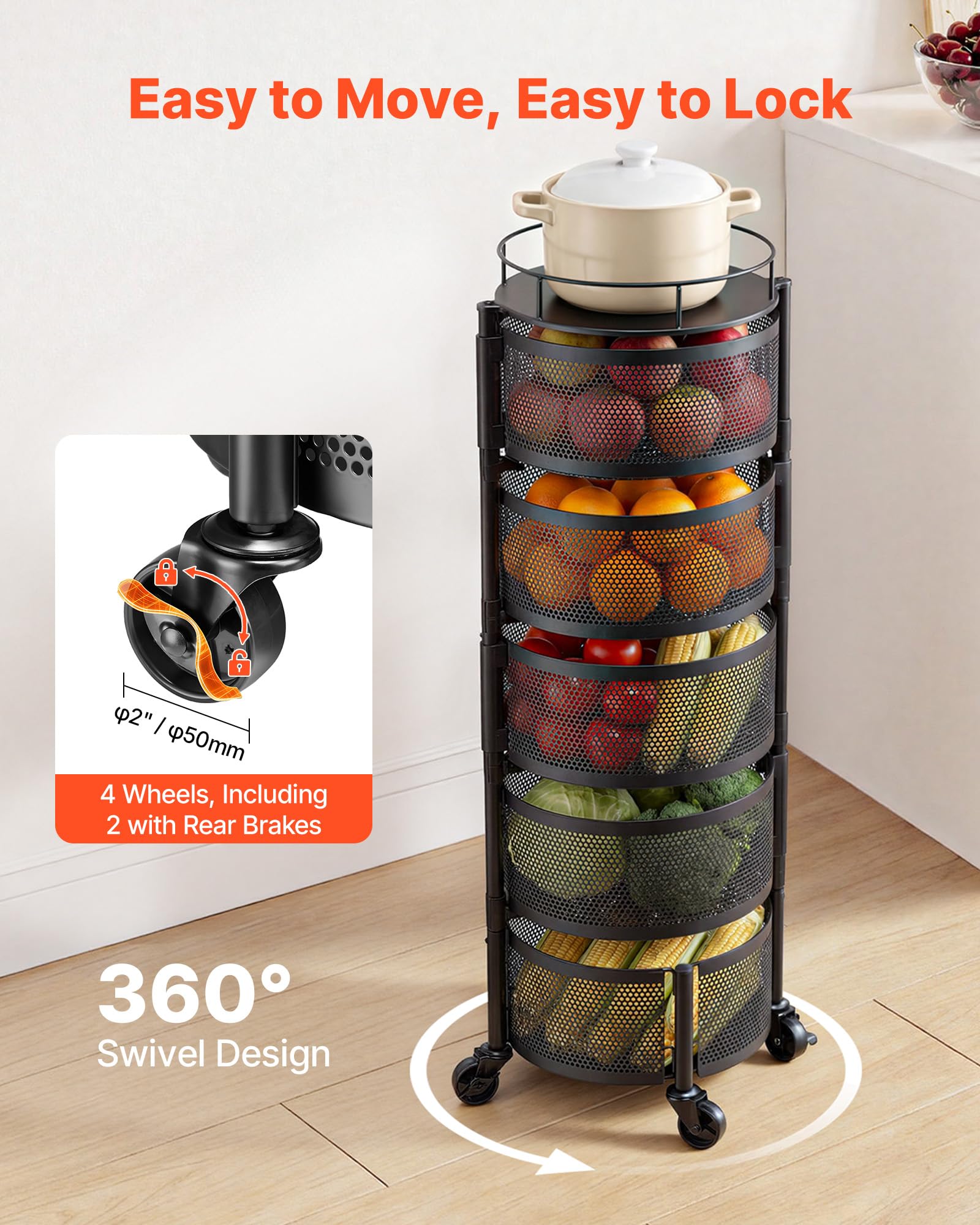 VEVOR Chariot de Rangement 5 Niveaux, Resserre à Paniers Rotatifs sur Roues, pour Fruits et Légumes Cuisine Salon Sallle de Bain, Desserte à roulettes en Fil Métallique, Étagère de Cuisine Rotative