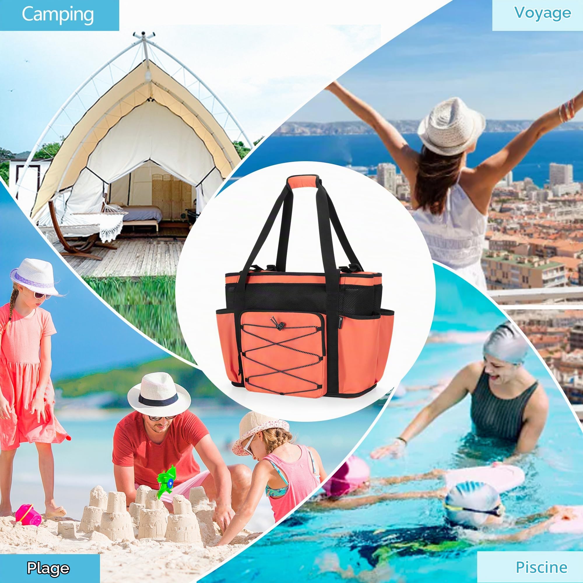 Grand Sac de Plage en Maille avec Fond Zippé, Séparation Humide/Sec, Orange | 2 couches séparées, poche imperméable translucide, 6 pochettes élastiques, 1 poche zippée, compartiment avant filet