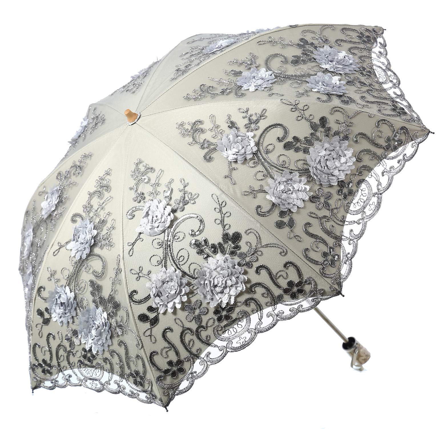 Lcy Women's Grey Embroidered Lace Double-Deck Anti-Uv Parasol Umbrella Sun/Rain/Snow Folding Umbrella