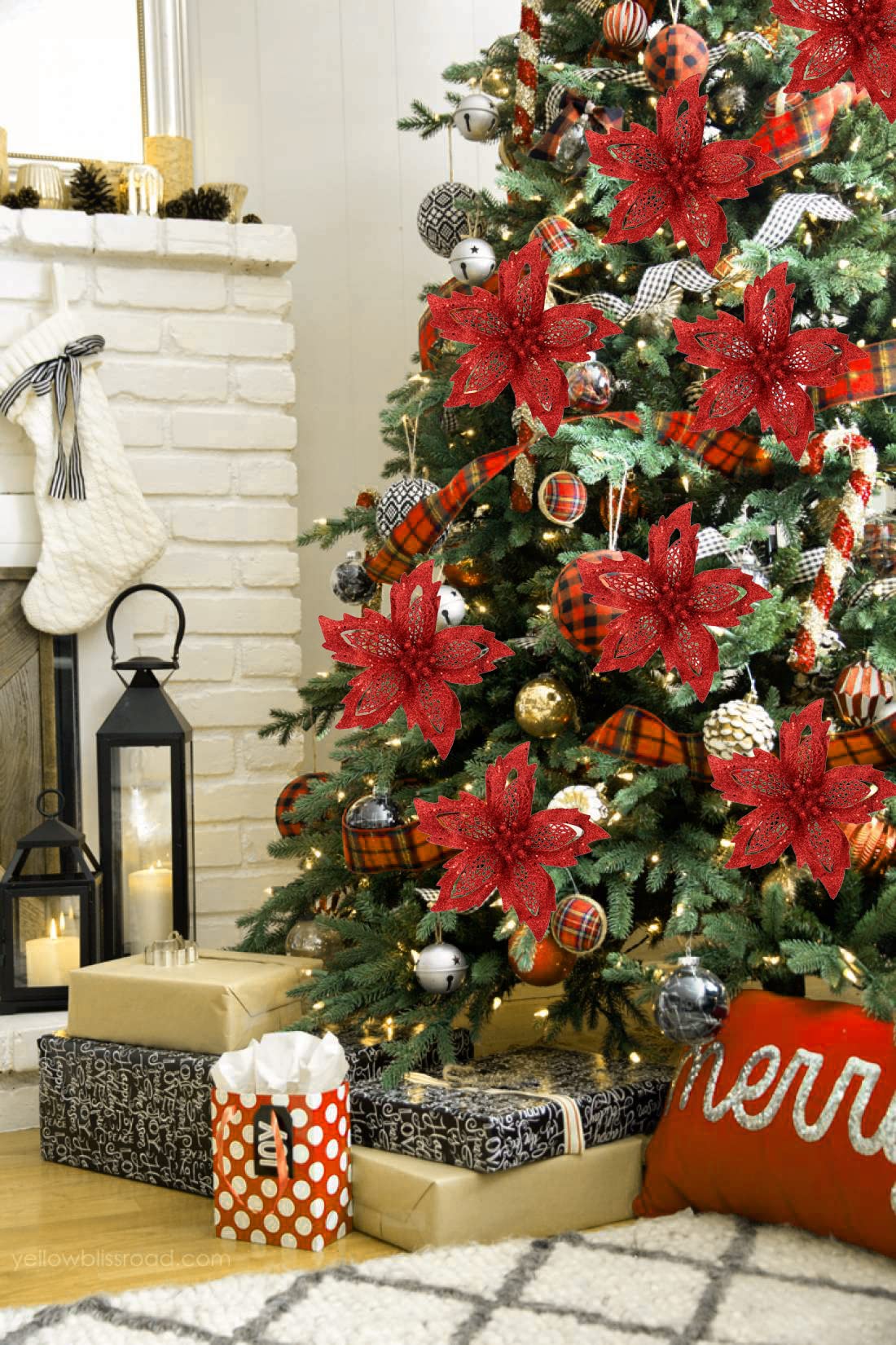 Amazon｜クリスマスポインセチアフラワー 10個 レッドグリッター 人工  