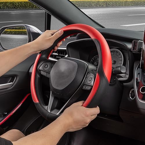 Miniatura 164 de SEG Direct Funda universal para volante de automóvil, de 15 pulgadas, piel de microfibra, color blanco y gris Negro y gris