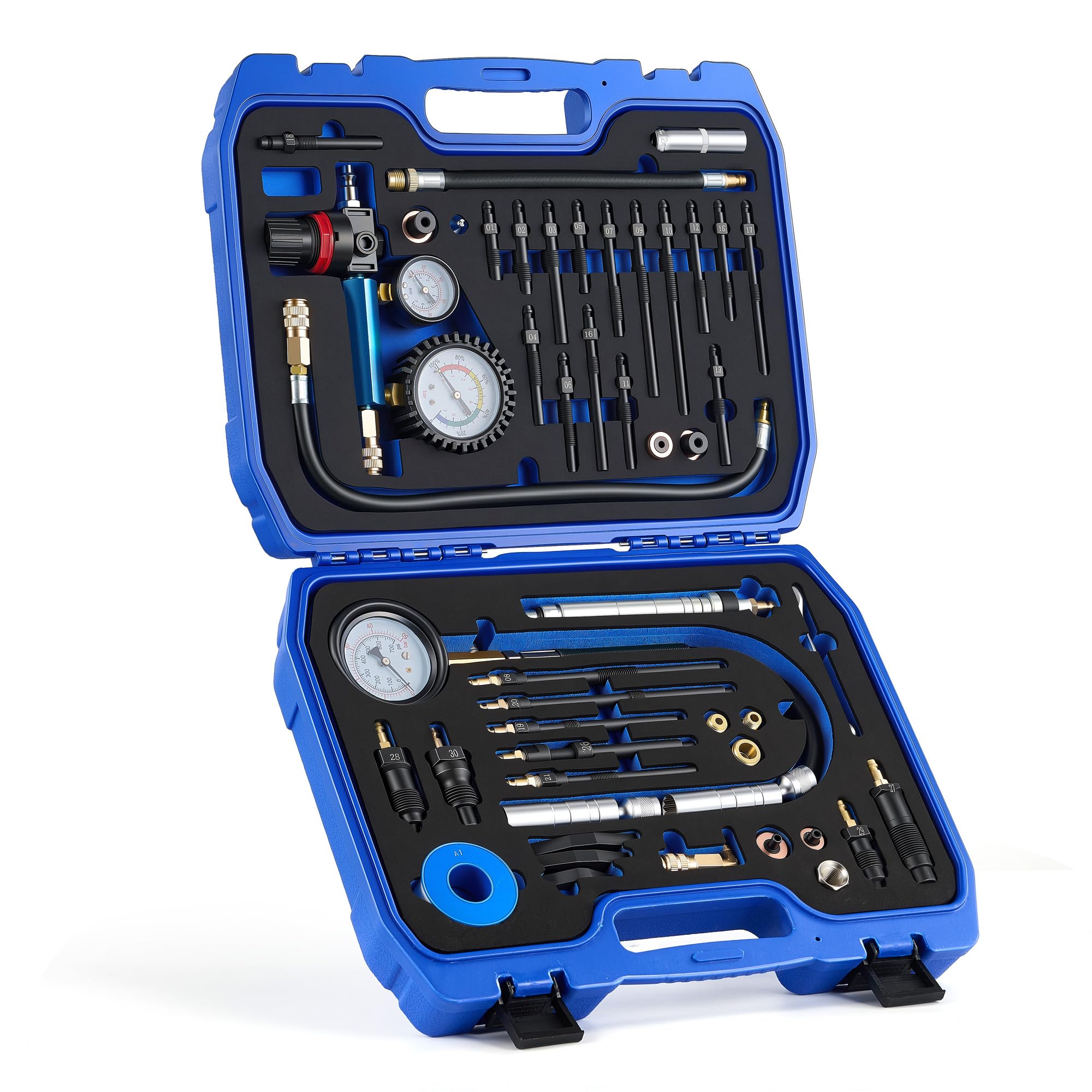 Orion Motor Tech Juego de Comprobador de Compresión y Pérdida de Presión 51 Piezas – Kit Compresímetro 0–50 Bar para Motores Gasolina y Diésel, Turismos y Camiones, Adaptadores M8–M24