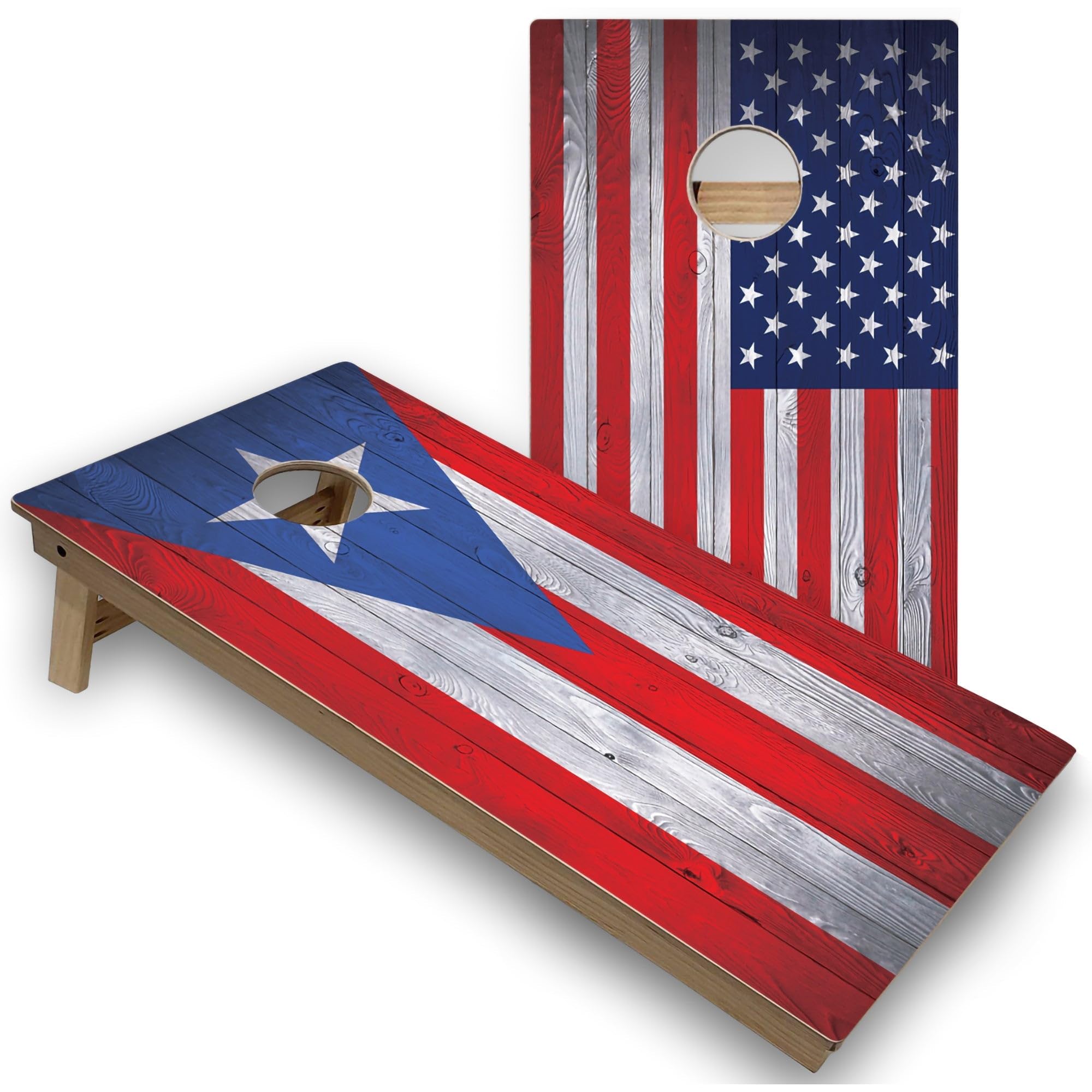 Skip's Garage Puerto Rico & USA Flag All-Weather Cornhole Boards - PVC - Include CASE + Edge Lights