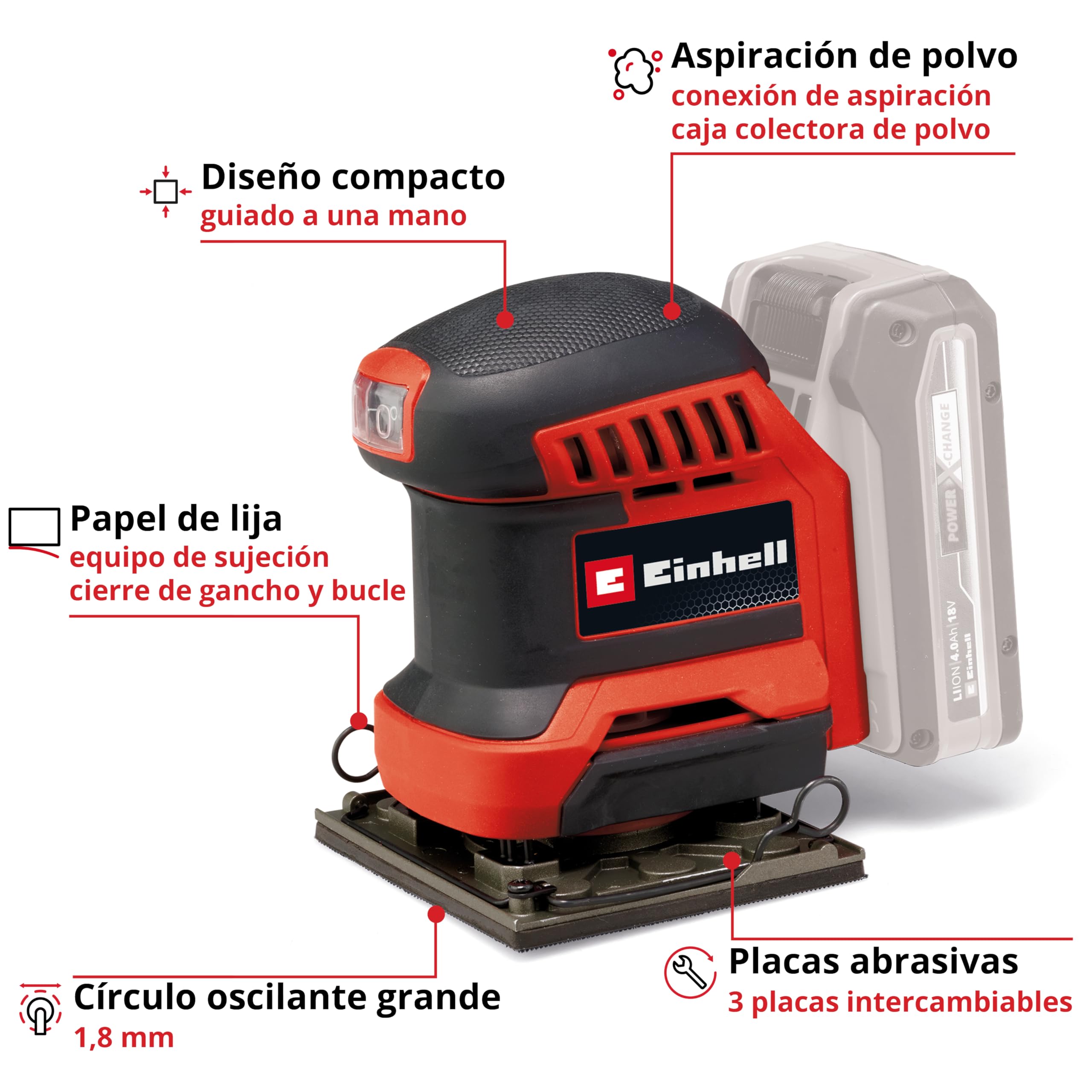 Einhell Lijadora de puño con batería TE-OS 18/113 3X Li-Solo Power X-Change (18V, lijadora orbital, 3 placas de lijado intercambiables, círculo oscilante de 1,8 mm, incl. accesorios, sin batería)