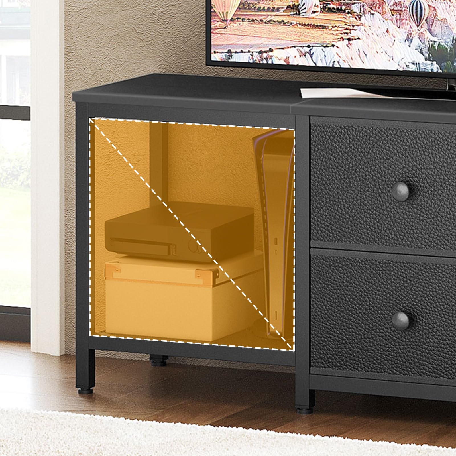YATINEY TV-Schrank für Fernseher bis zu 55 Zoll, Fernsehtisch, TV-Konsole, lowboard mit offenen Fächern, 2 Schubladen, für Wohnzimmer, Schlafzimmer, 120 x 30 x 50 cm, Schwarz XDS02BB