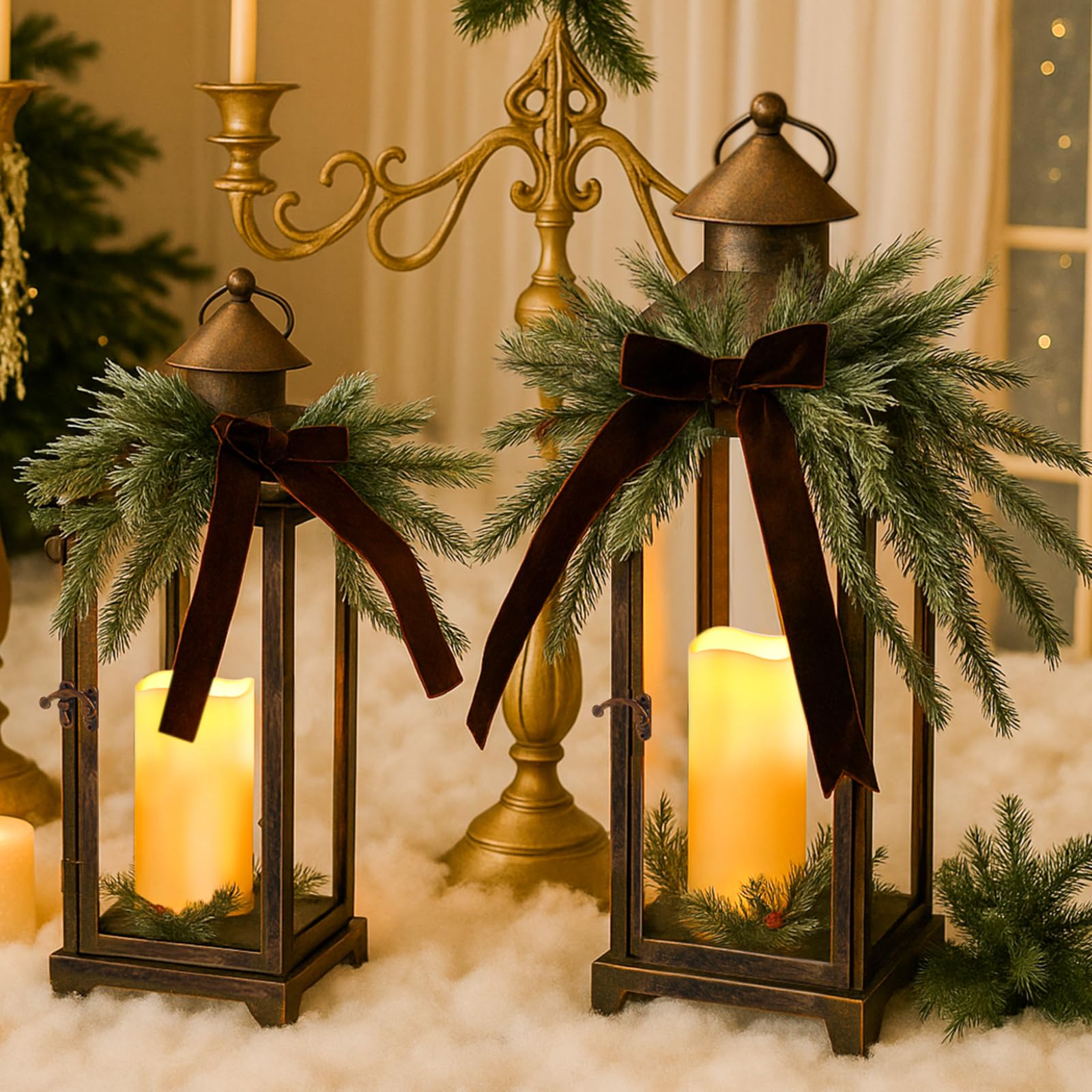 Baquler 2 faroles de metal de Navidad y velas LED falsas de 12 y 15 pulgadas, faroles decorativos con adorno de Navidad para porche, decoración interior al aire libre, regalo de fiesta (bronce)