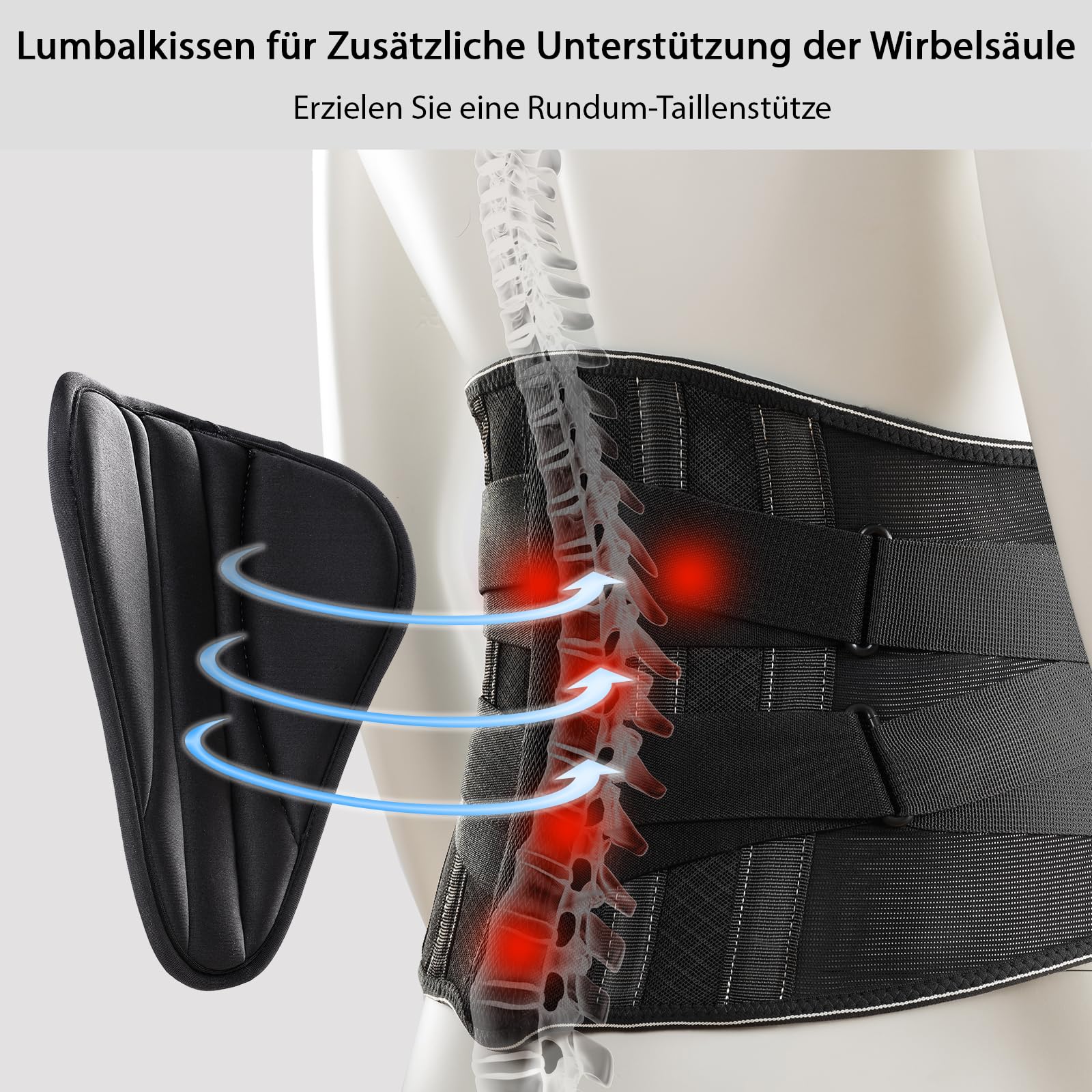 Ceinture de soutien dorsal respirante pour homme et femme avec rembourrage lombaire 3D amovible, soutien dorsal avec 5 soutiens pour soulager les maux de dos