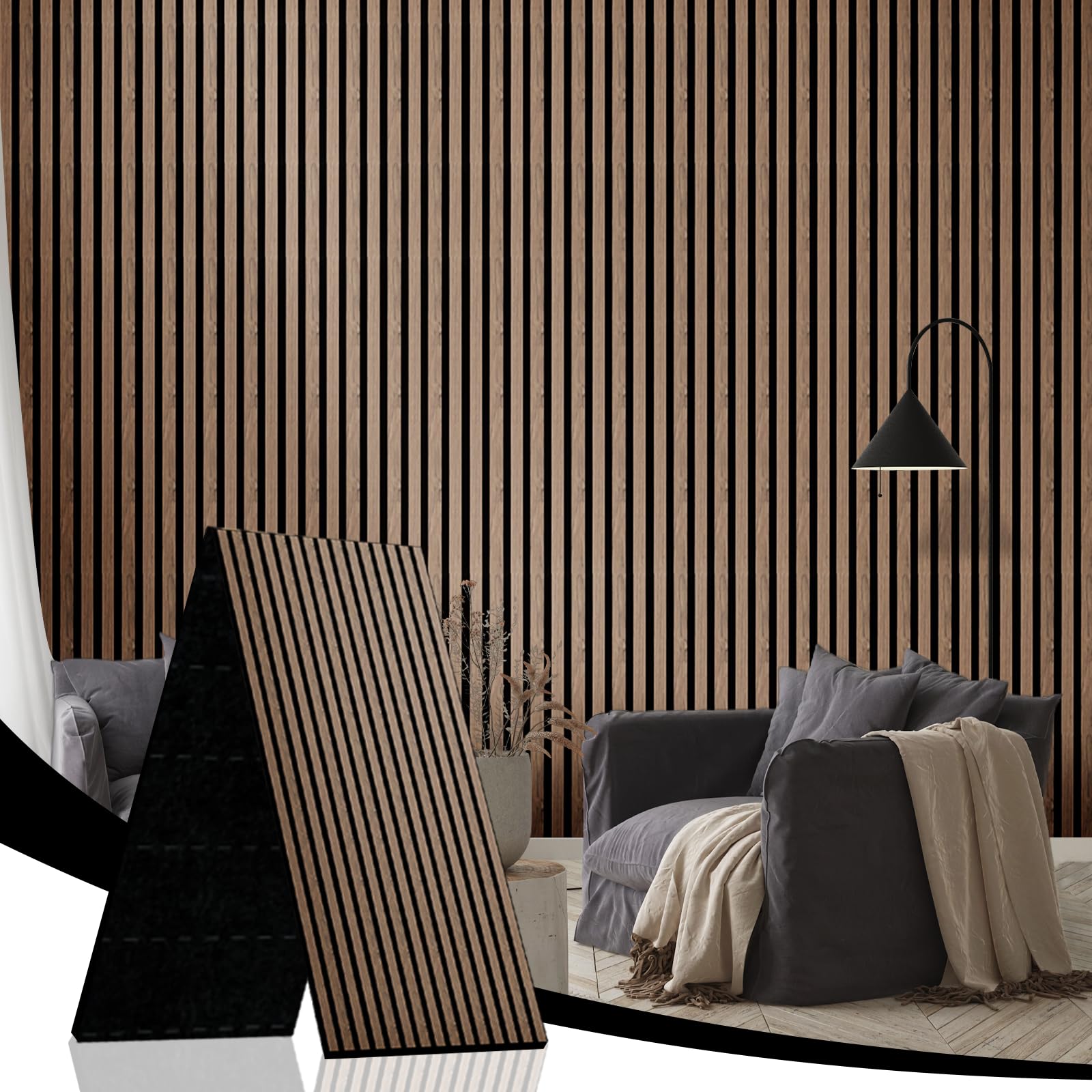 AKK-Star Acoustic Wood Slat Wall Panels Folded 1 Pack - 94.4" X 23.6 "X 0.7", Folds to 2X 47.2" X 23.6" X 0.7" 15.5ft² WPC Soundproof 3D Wall Paneling for Home Decor Noise Reduction(4# Walnut)
