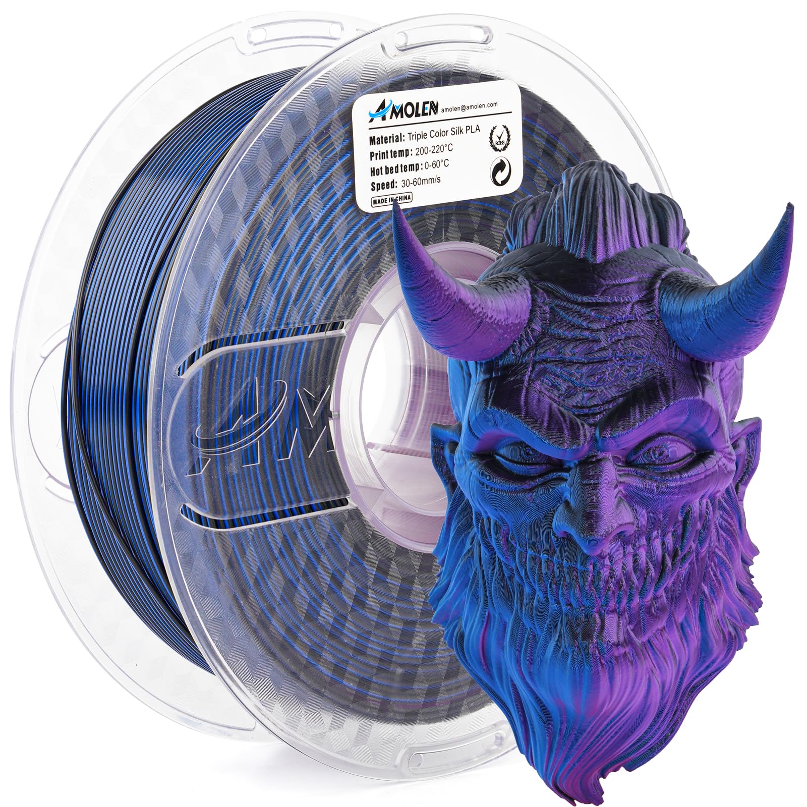 AMOLEN Silk PLA 3D Printer Filament, Tri Color Black Blue Purple PLA 1.75mm, Shiny Multi Color Change Filament 3D Printing PLA Filament for Most FDM