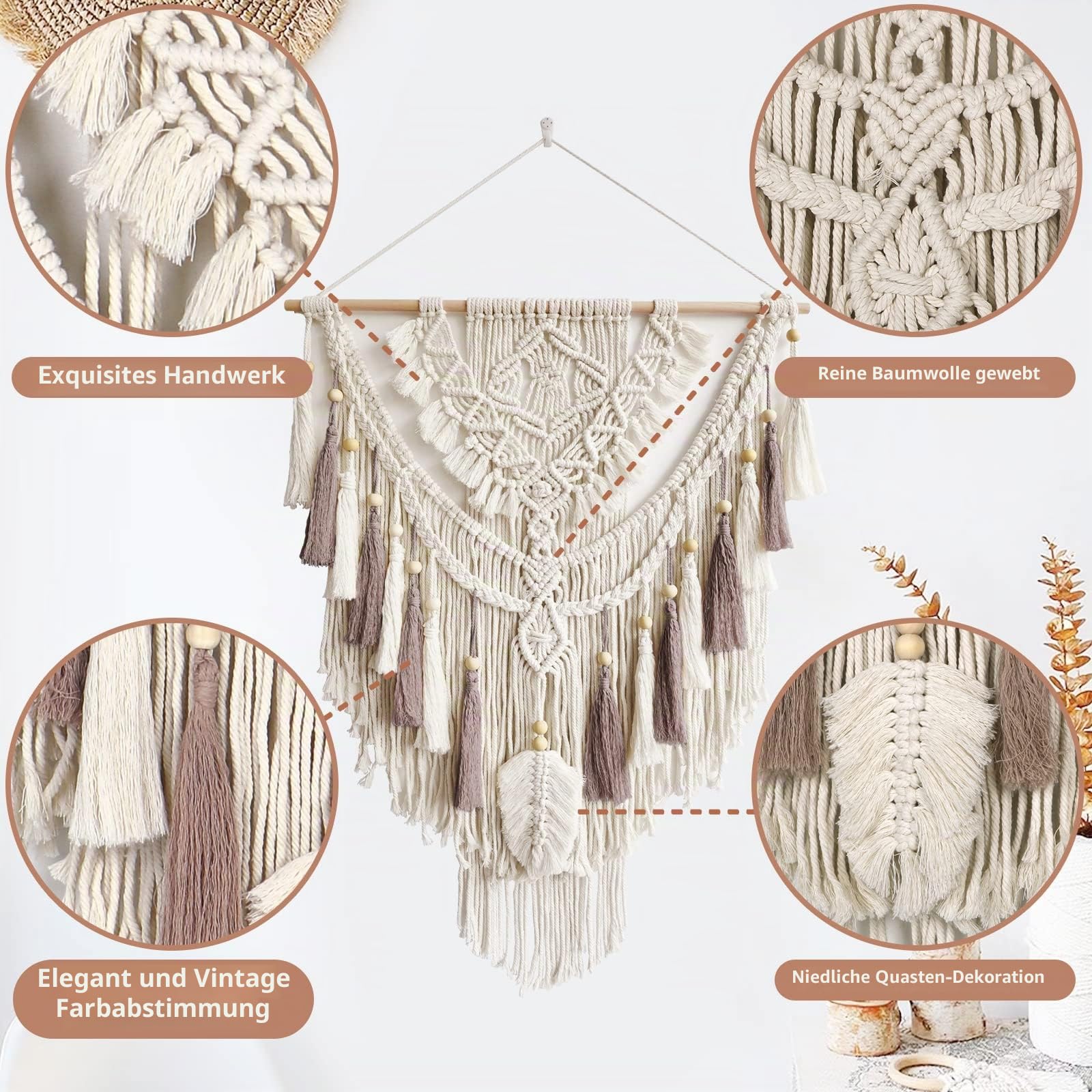 lokeisna Makramee-Wandbehang, gewebter Wandteppich, Beige und Altrose, handgefertigt, Makramee-Wanddekoration, Galerie und Kinderzimmer, Größe 95 cm L x 70 cm B