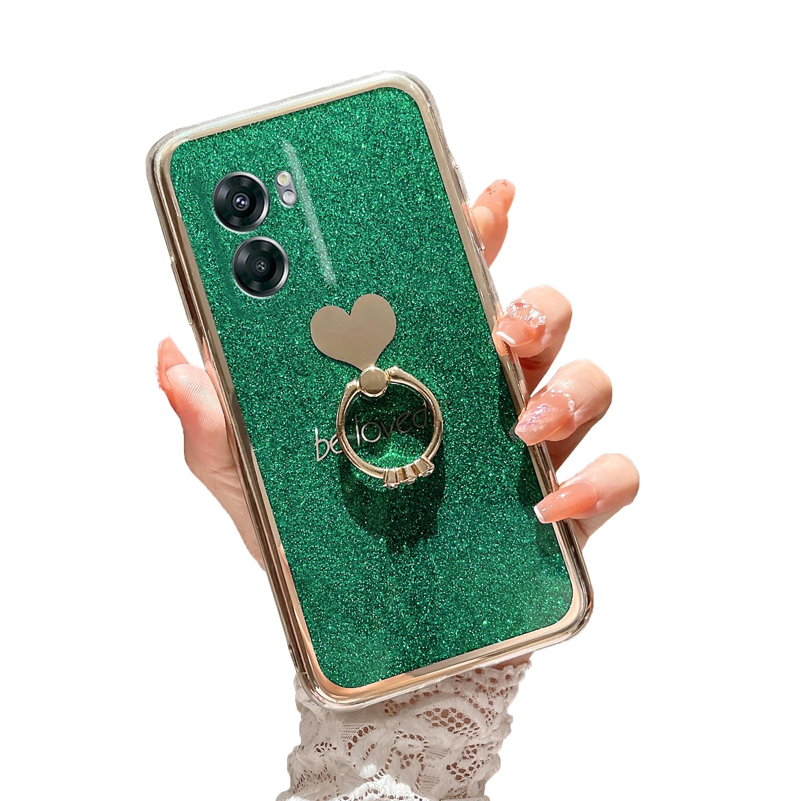 Easyscen for OnePlus Nord N300 5G Phone Case, Case for Nord N300 5G (6.56-inch) with Ring Kickstand Glitter Sparkly Slim Soft Silicone Bumper Shockproof Protective Cover - Alpine Green