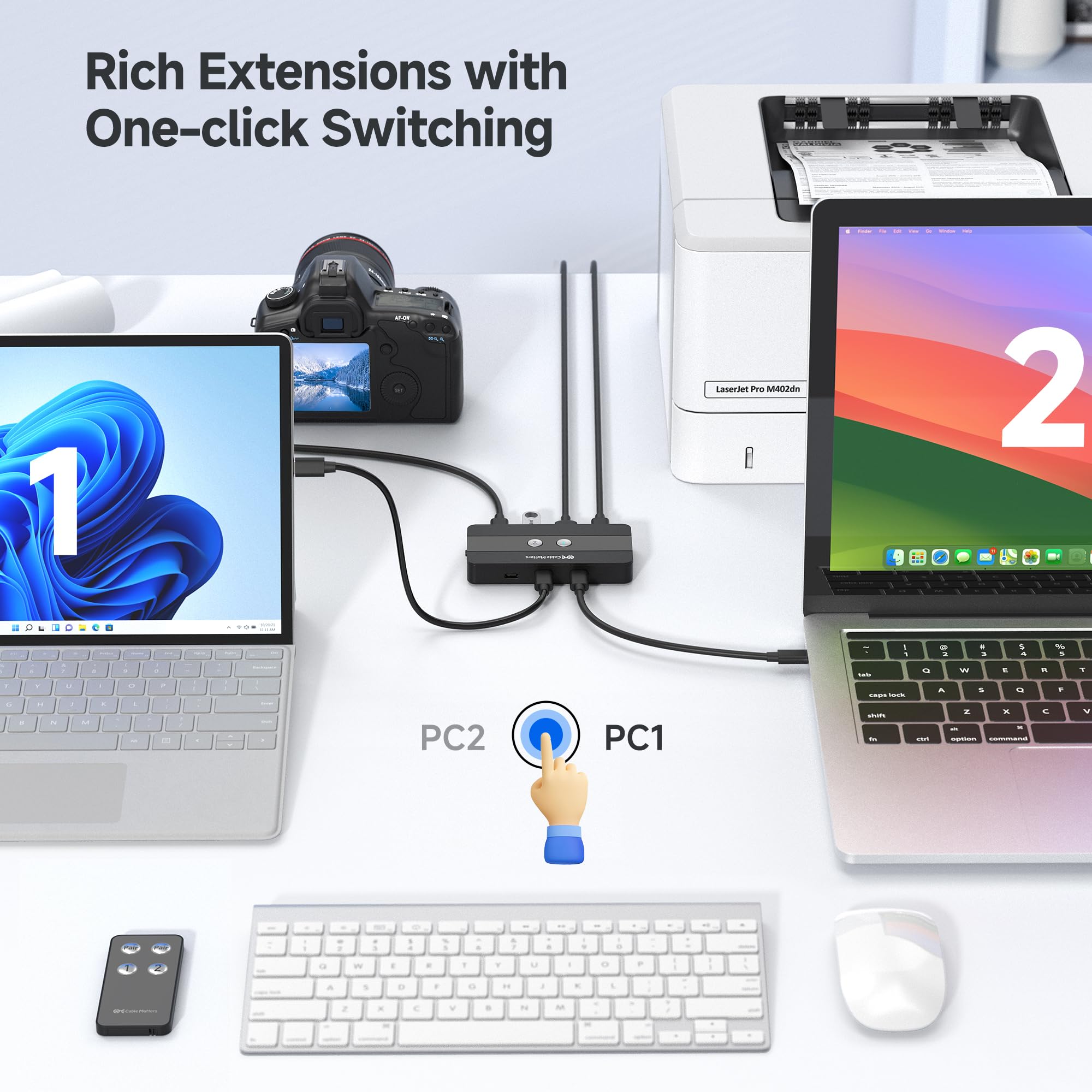 Cable Matters Conmutador USB de 4 Puertos y USB C de 10 Gbps para 2 Ordenadores con Mando a Distancia KVM Switch/conmutador USB C comparte 2 periféricos USB-A y 2 USB-C Entre 2 Hosts