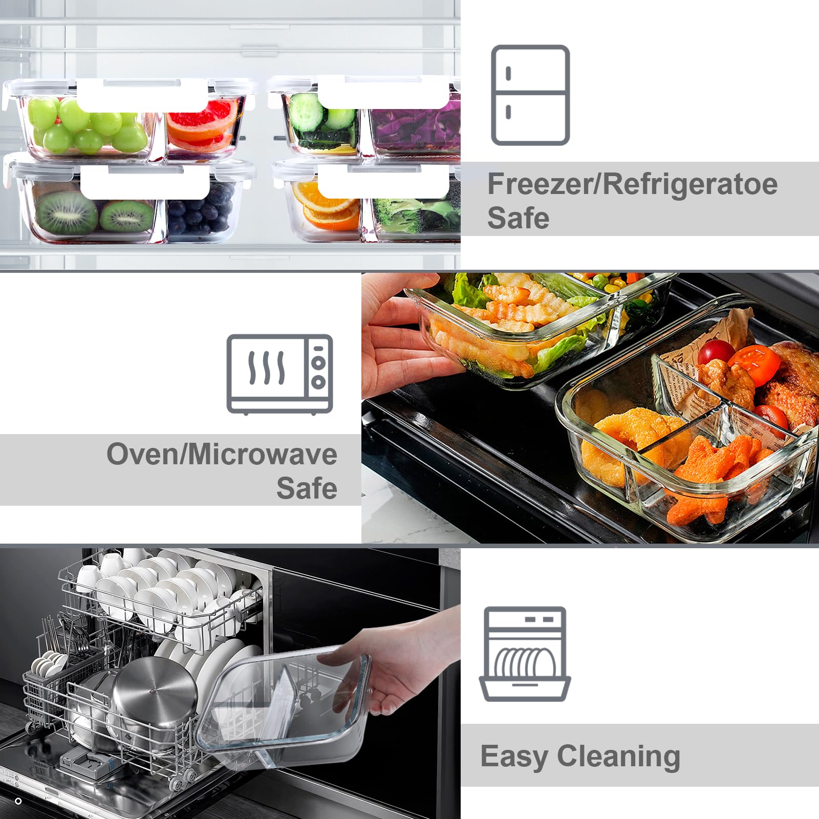 VERONES Paquete de 5 recipientes de vidrio para preparación de comidas, juego de 3 compartimentos, recipientes herméticos de vidrio de 36 onzas, recipientes de almacenamiento de alimentos con tapas