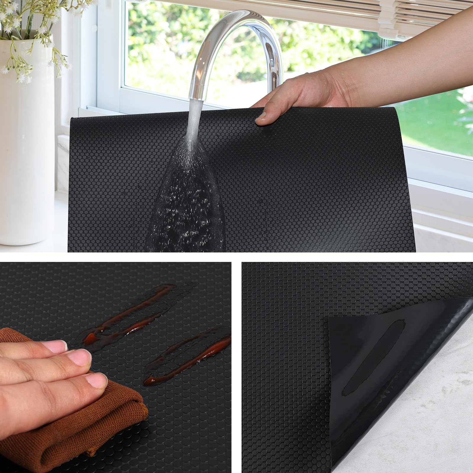 Revestimientos negros para estantes de cocina, revestimiento de cajones no adhesivo para baño, impermeables, para refrigerador, tapetes de plástico, forro de armario, 11.8 x 236.2 pulgadas x 2 rollos