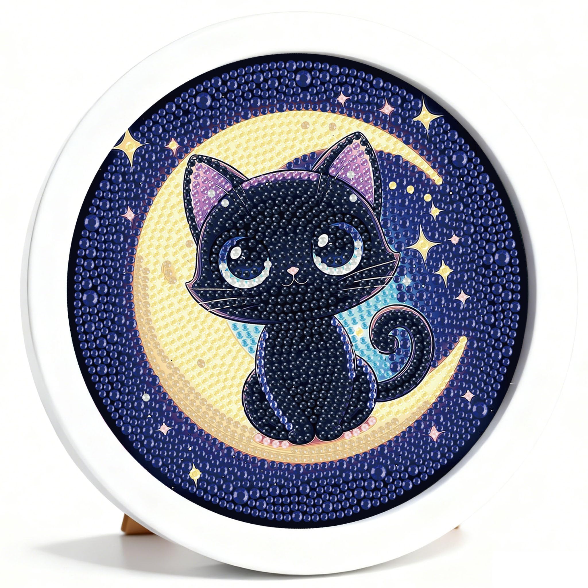 YarnWhimsy Diamond Painting Kinder schwarze Katze, Diamant Painting Bilder Kinder Tier, Kreativ Crystal Diamond Bastelset für Mädchen und Junge ab 5 6 8 9 10 11 12 Jahre, 21x21cm Runde Rahmen