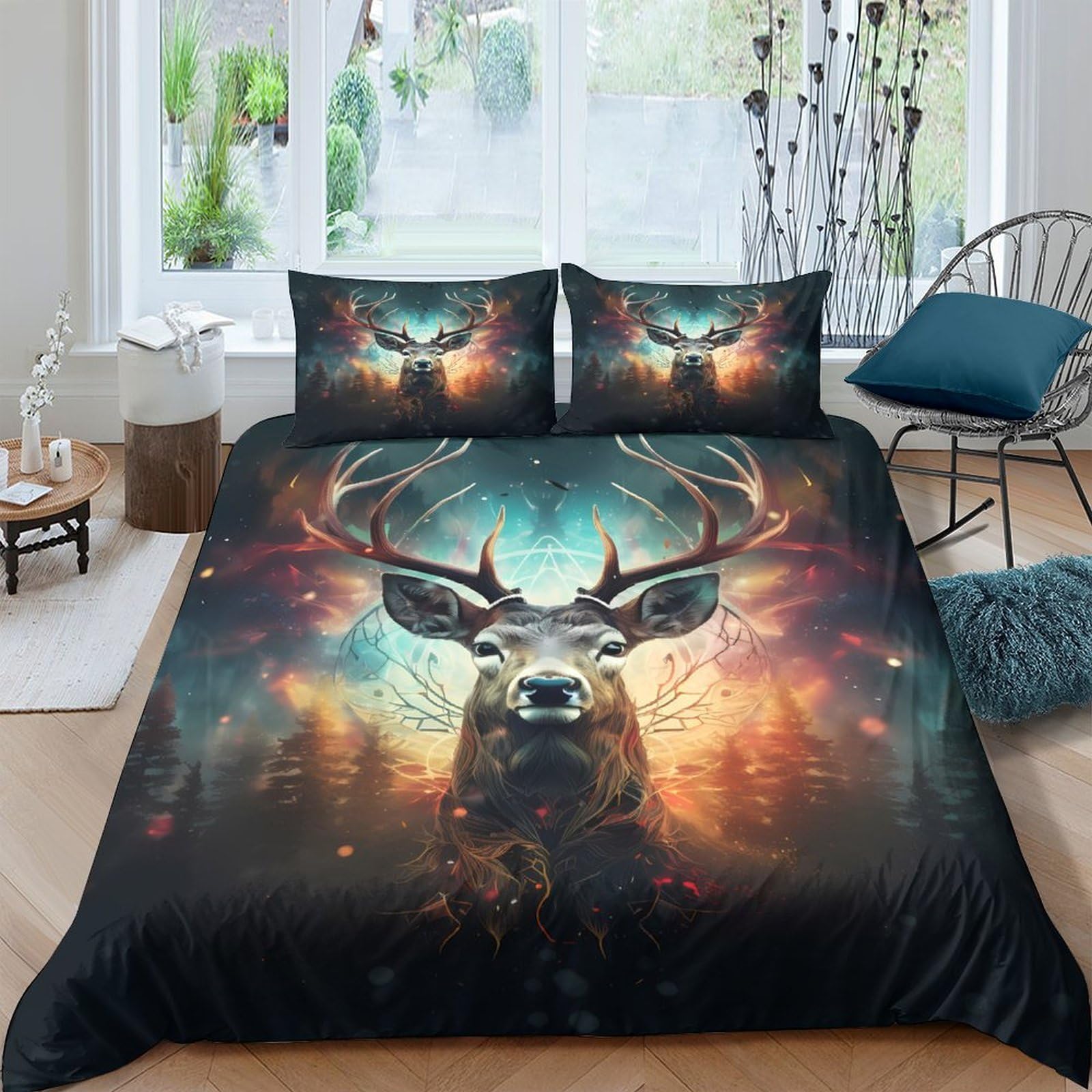 Ctjqhvkz Style-1 3D Printed Deer Forest Fitted Sheet Microfiber Soft Anti-Slip Mattress Cover For Bedroom Guestroom Artistic Decor Single（135X200cm）